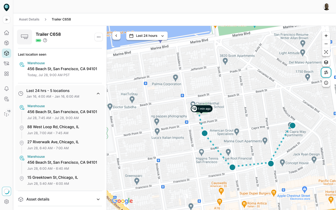 Asset location history for the last 24 hours