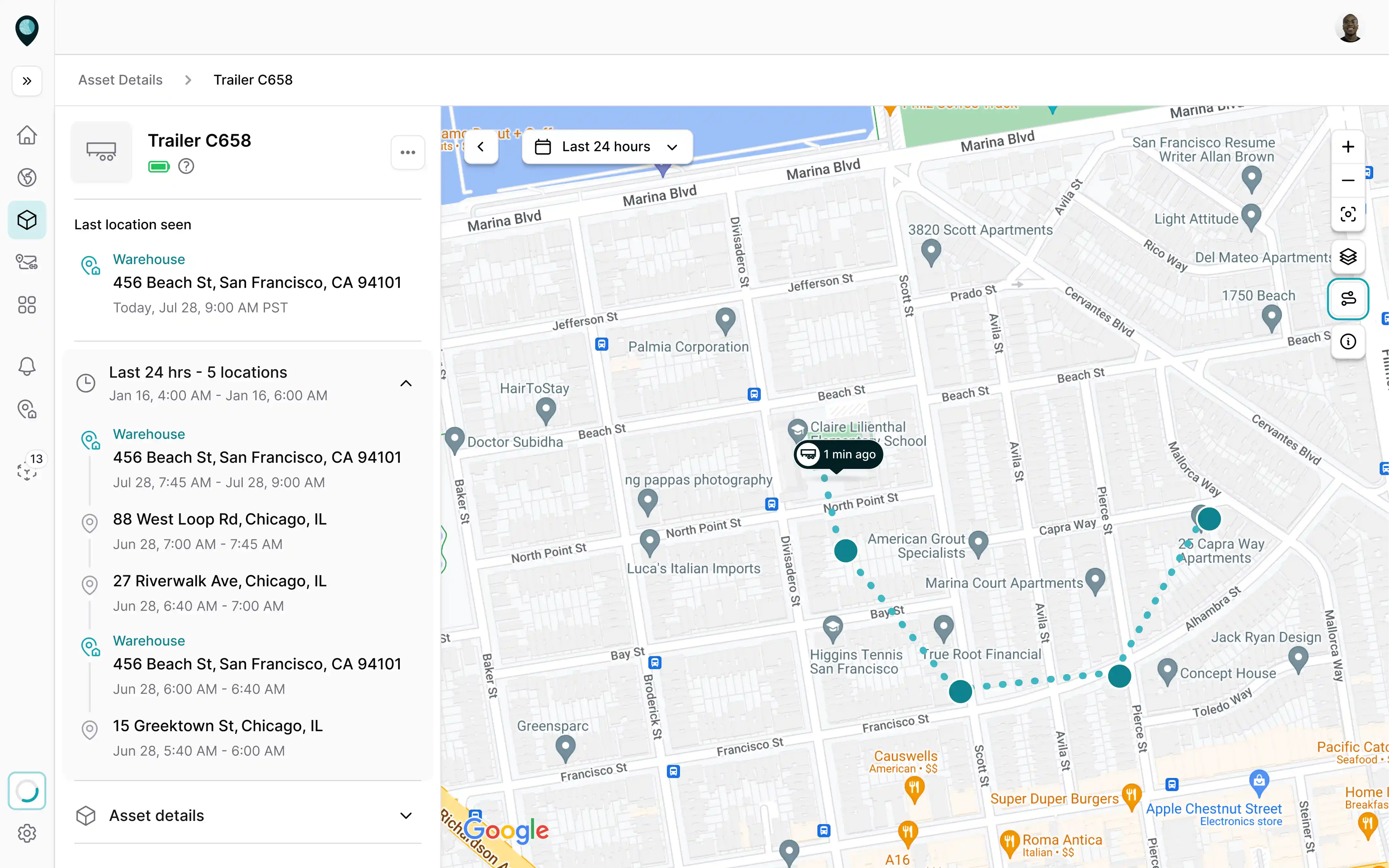 Asset location history for the last 24 hours
