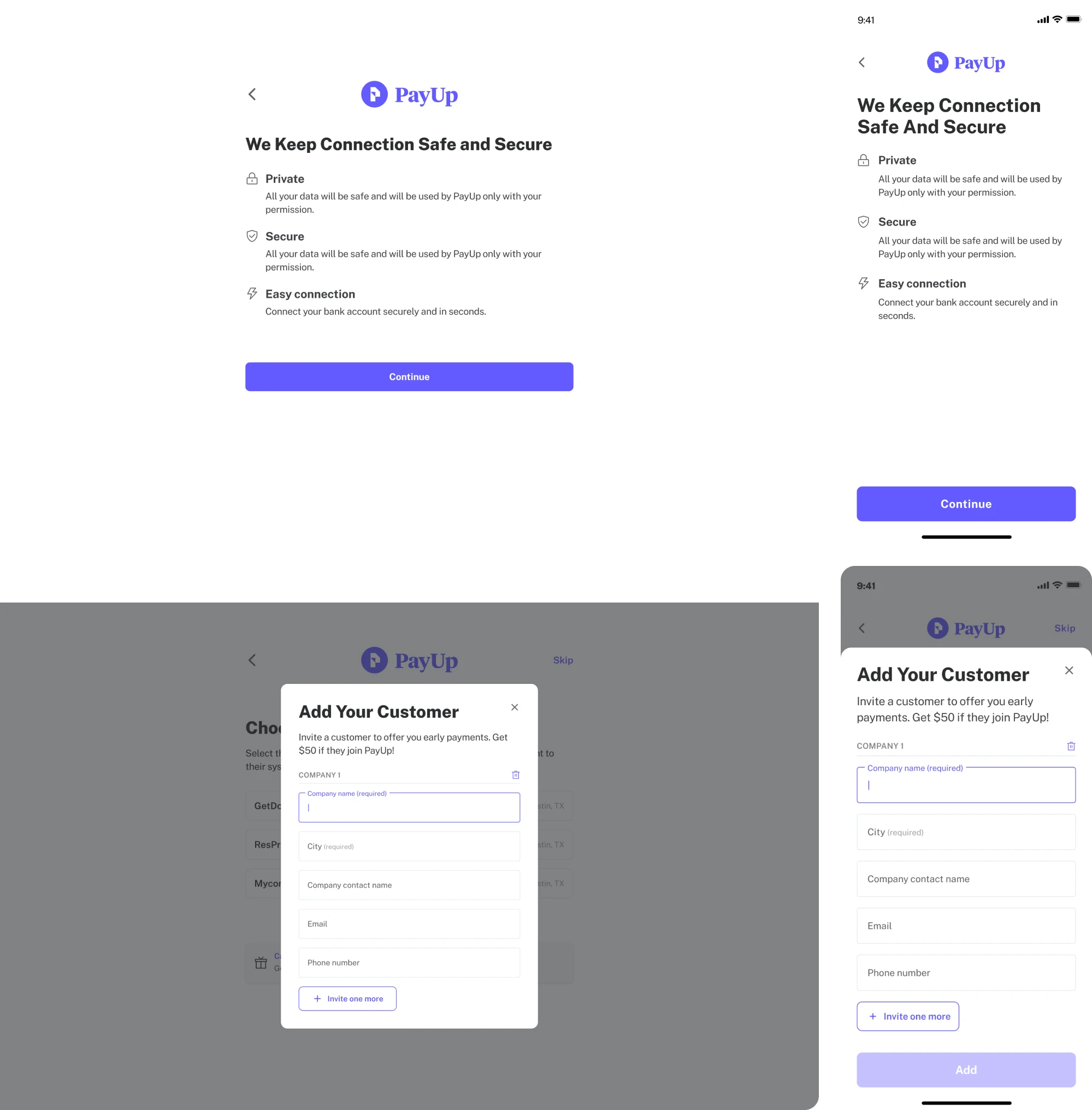 fintech onboarding screen of a payup app