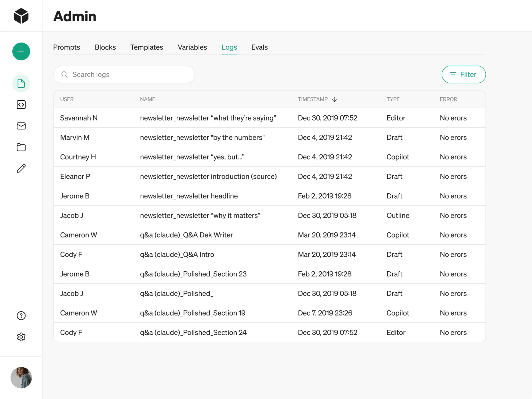 Modia's Logs section
