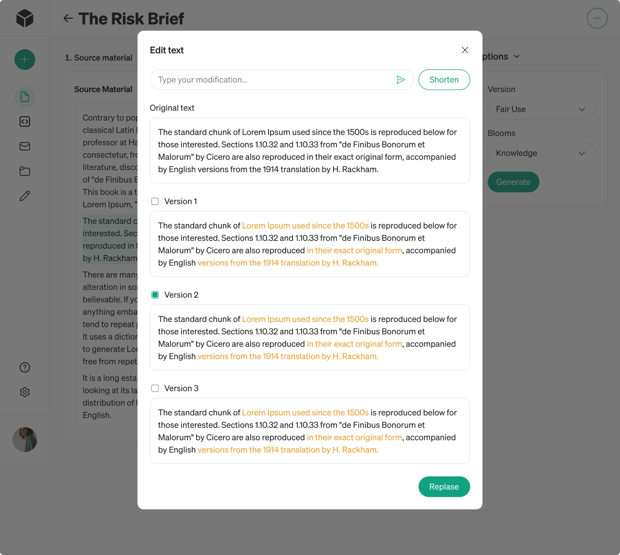 Modia's AI-generated text options