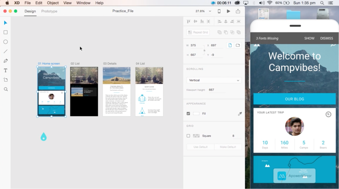 Adobe XD Design Examples, creating prototypes