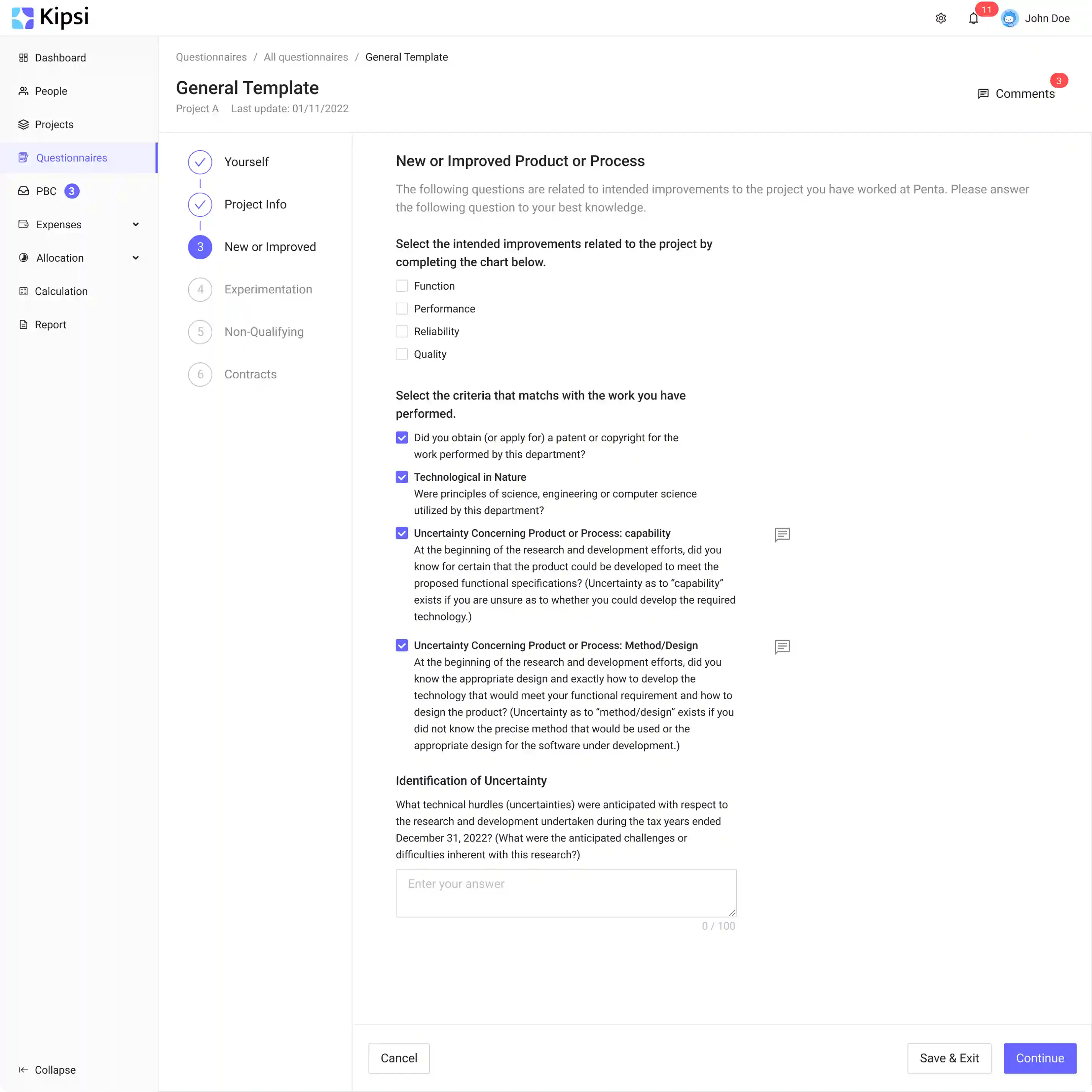 Questionnaire section after the redesign