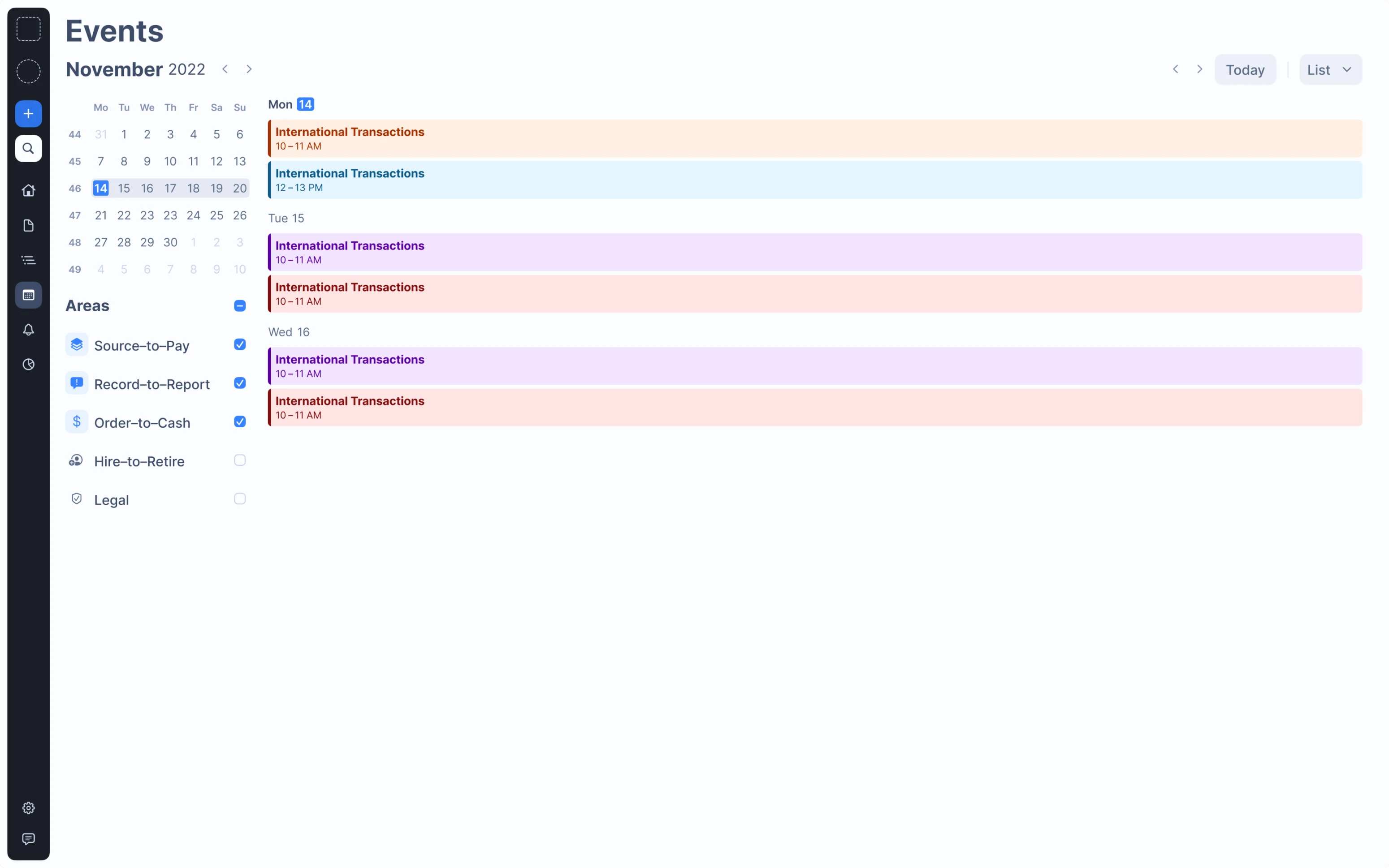 Events section with built-in calendar