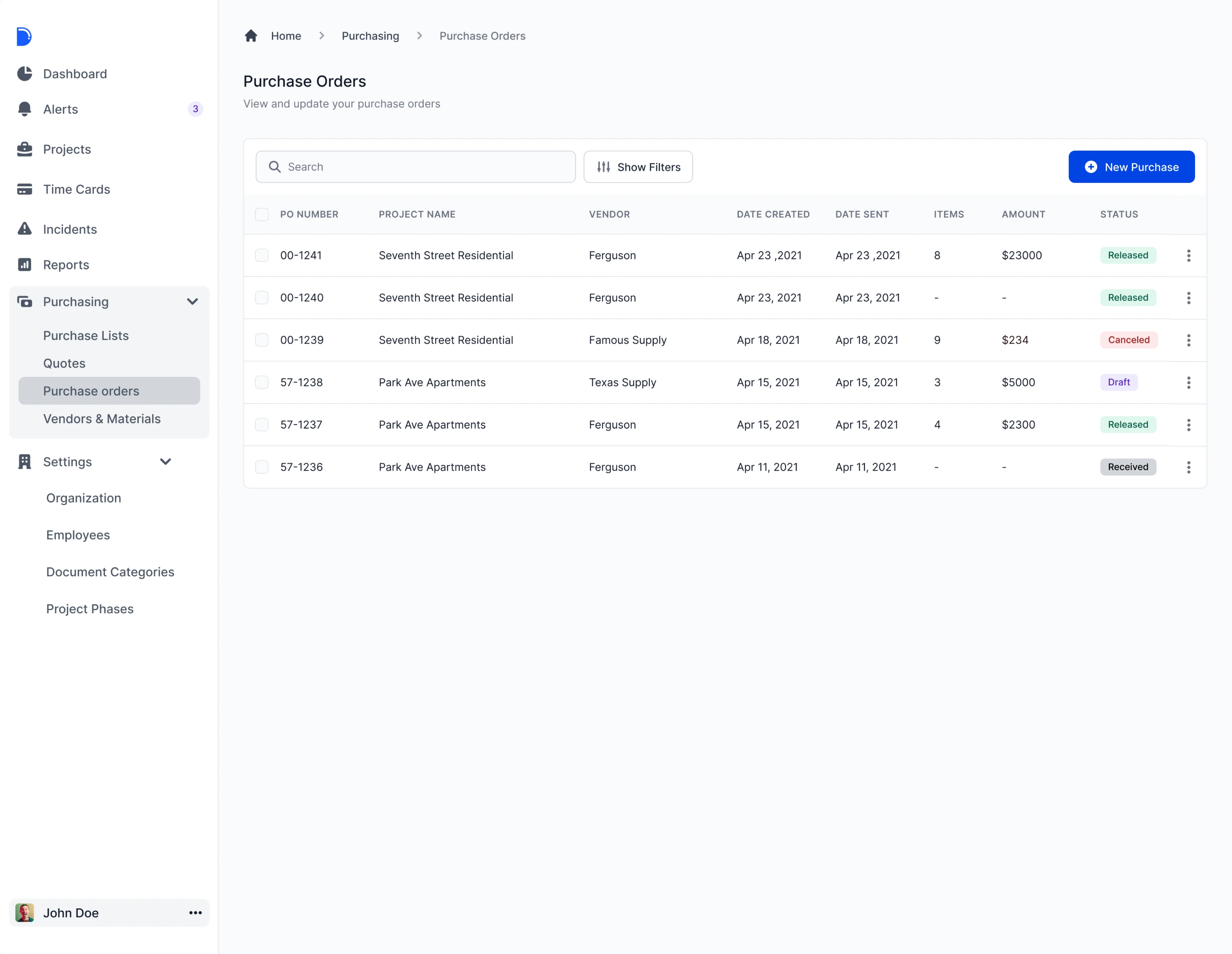 Purchase Orders screen