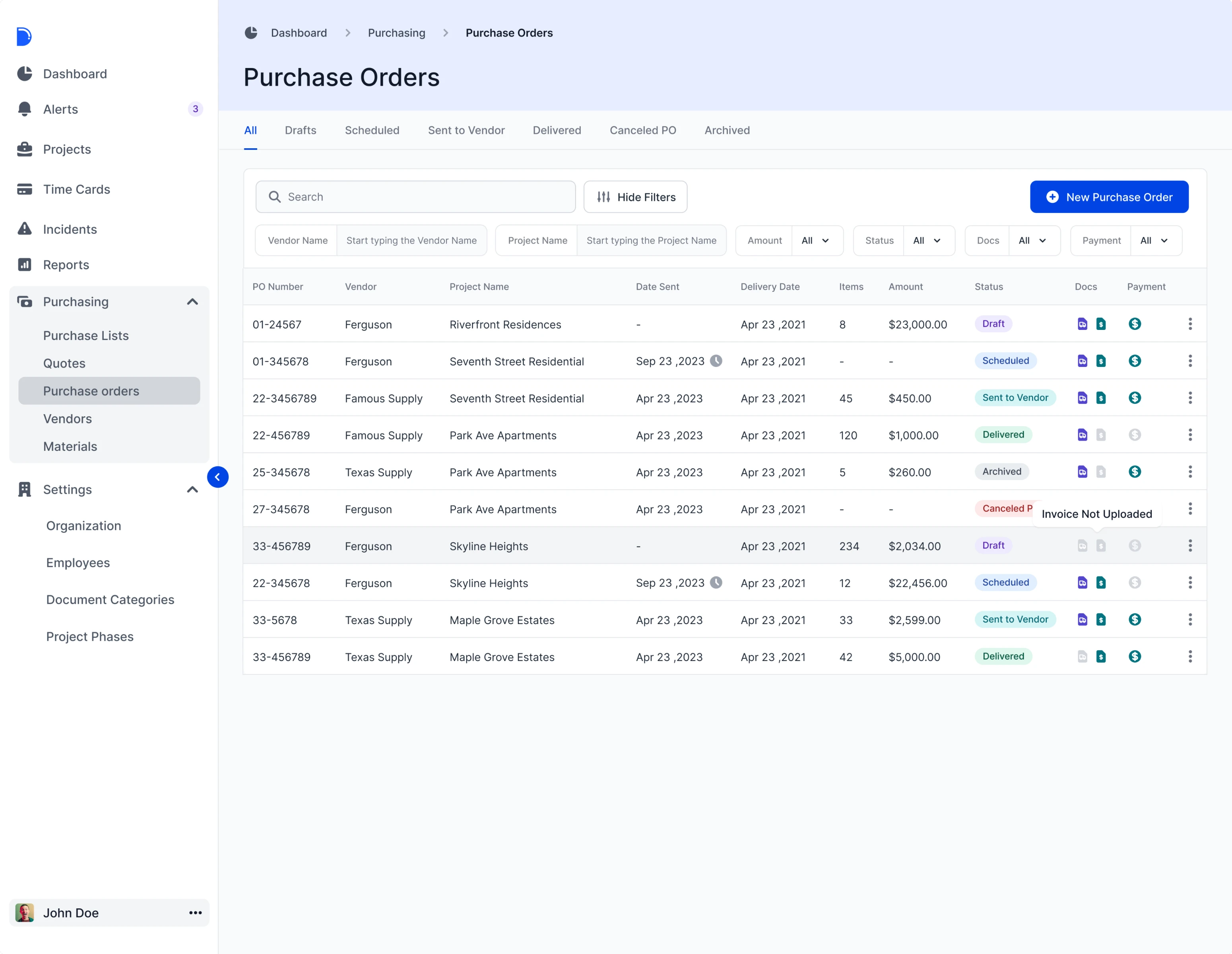 Purchase Orders view page