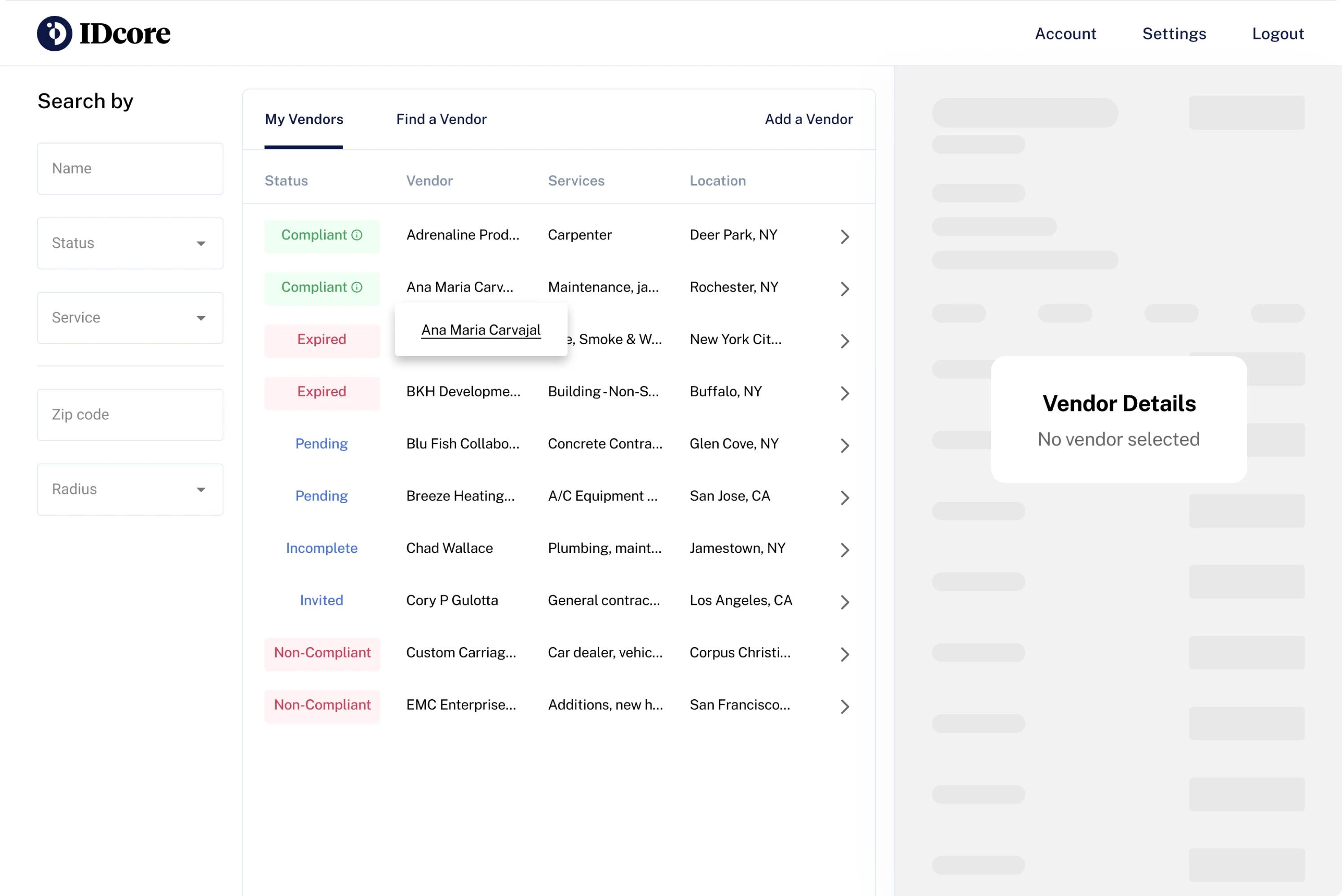 IDCore redesigned the vendors' list