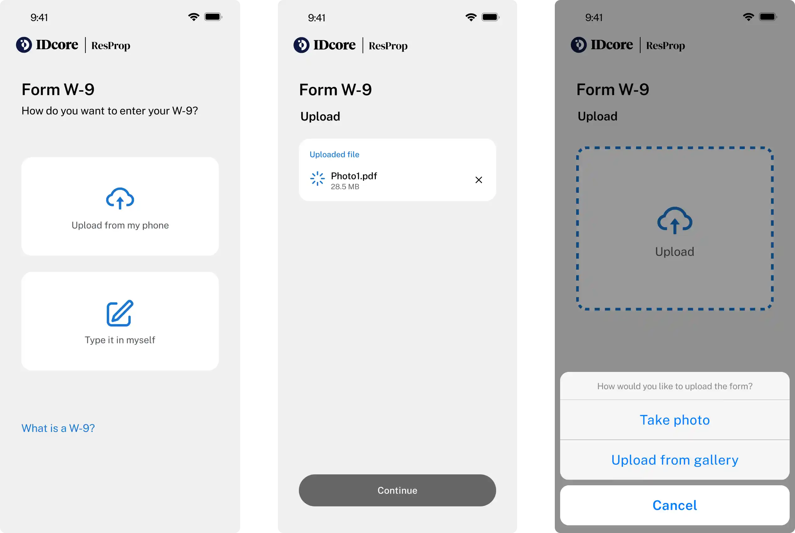 IDCore file uploading screen