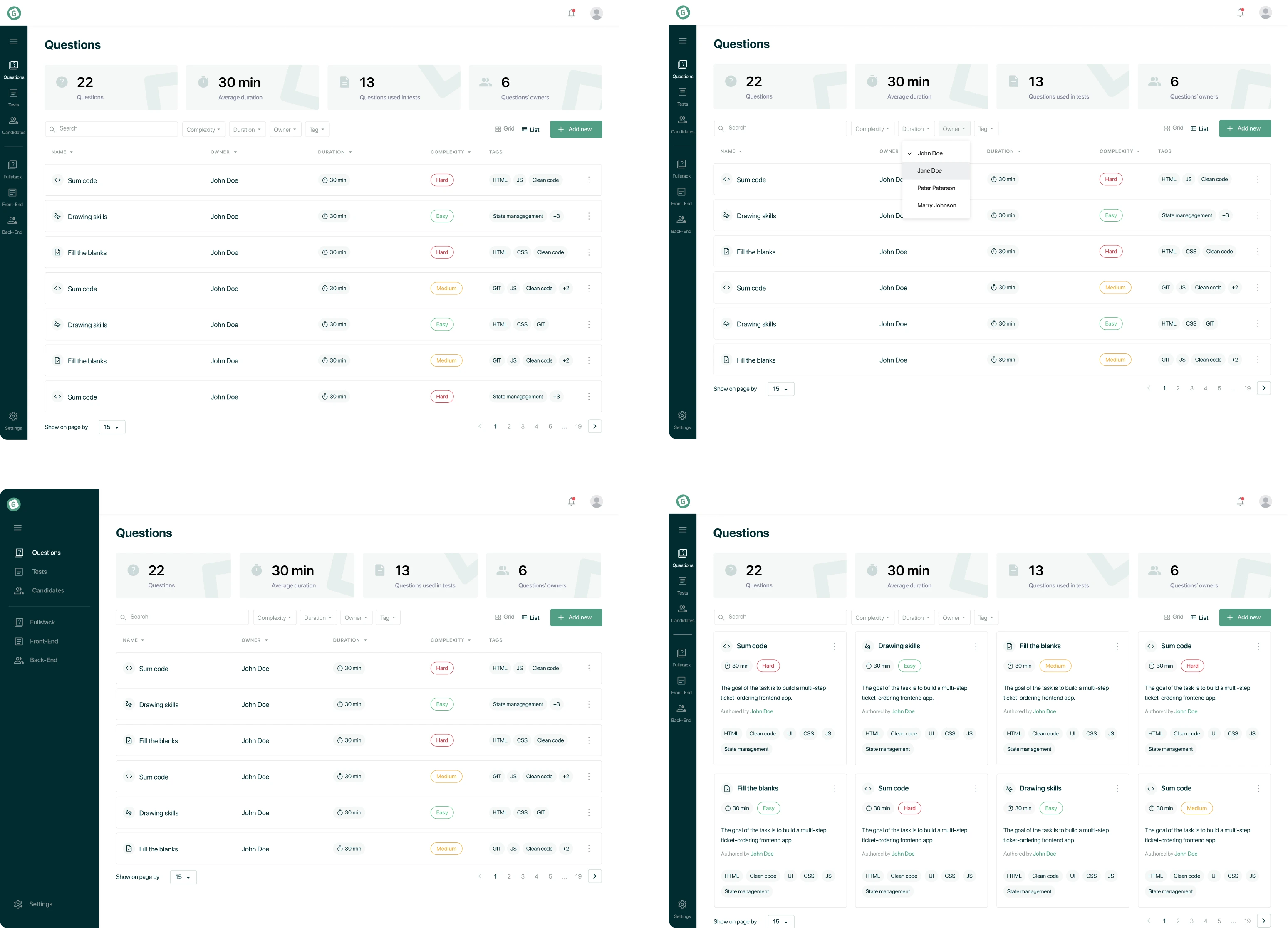 Variations of questions dashboards