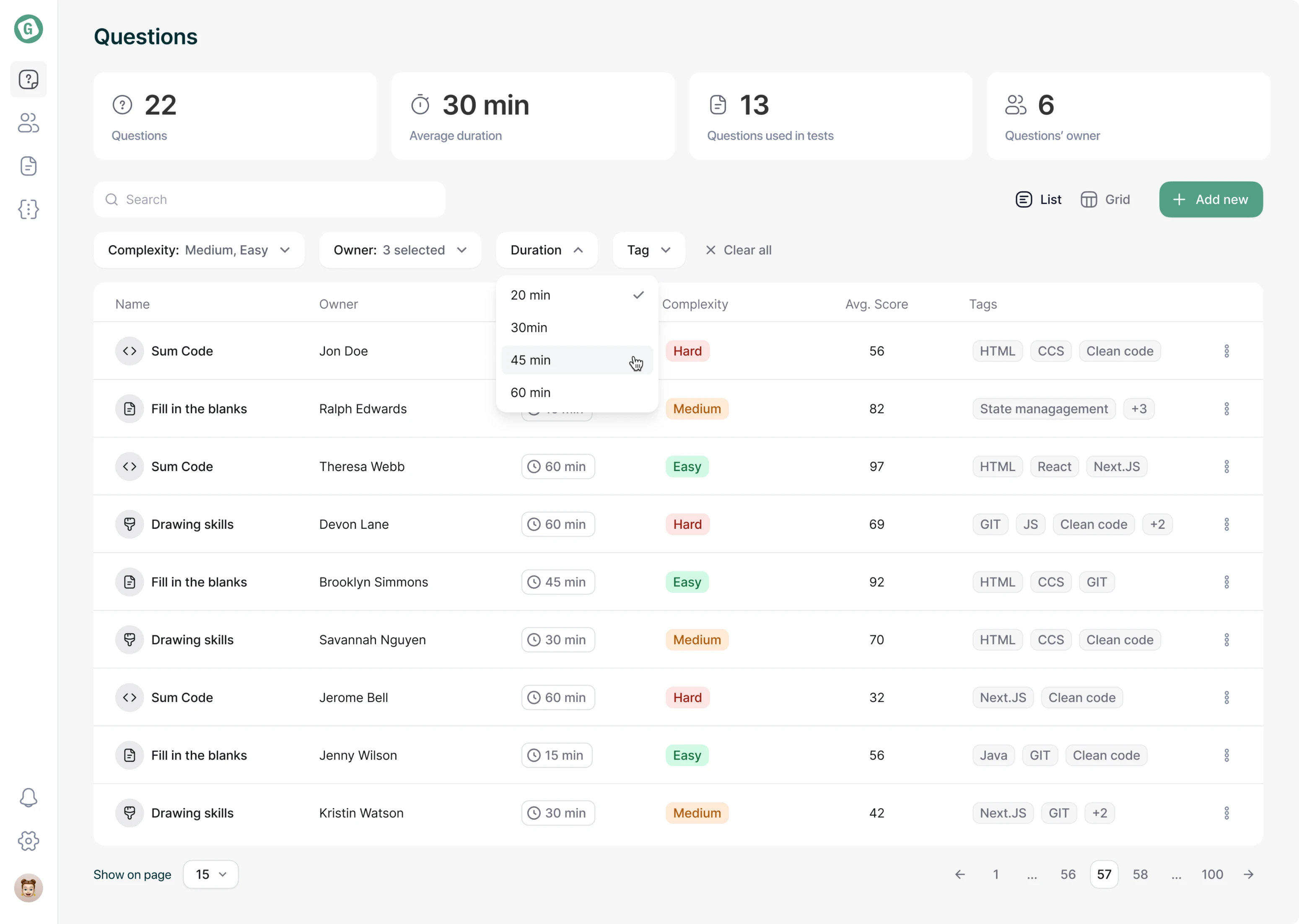 Question lists with filtering options