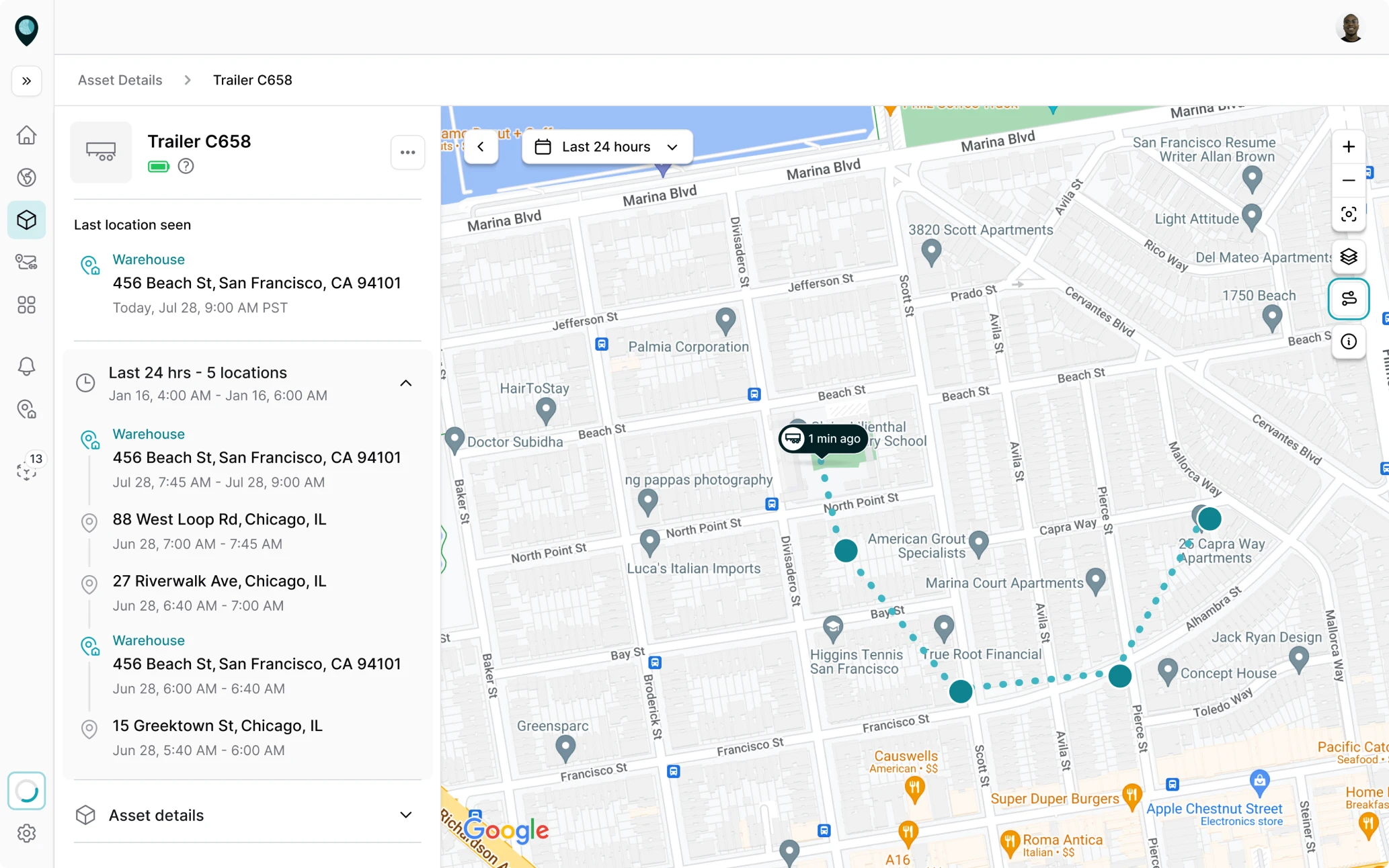 Asset location history for the last 24 hours