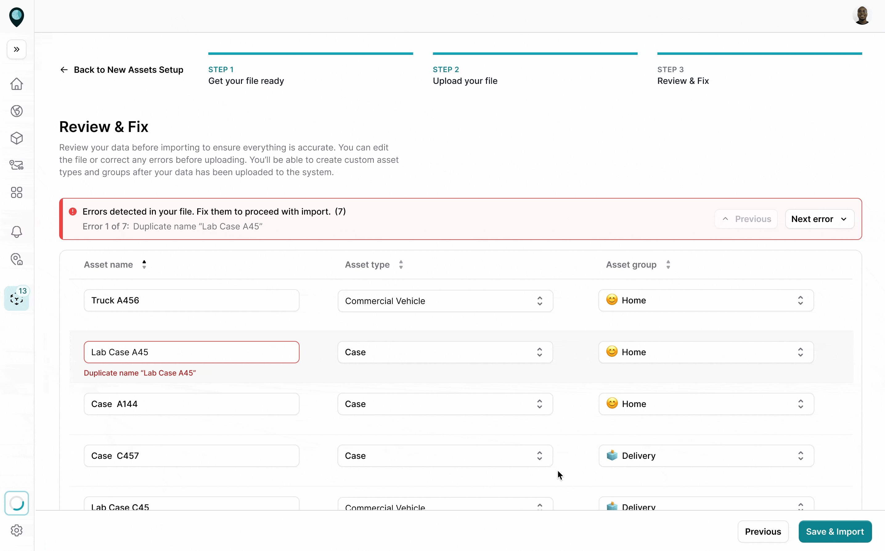 Error navigation during the file import stage