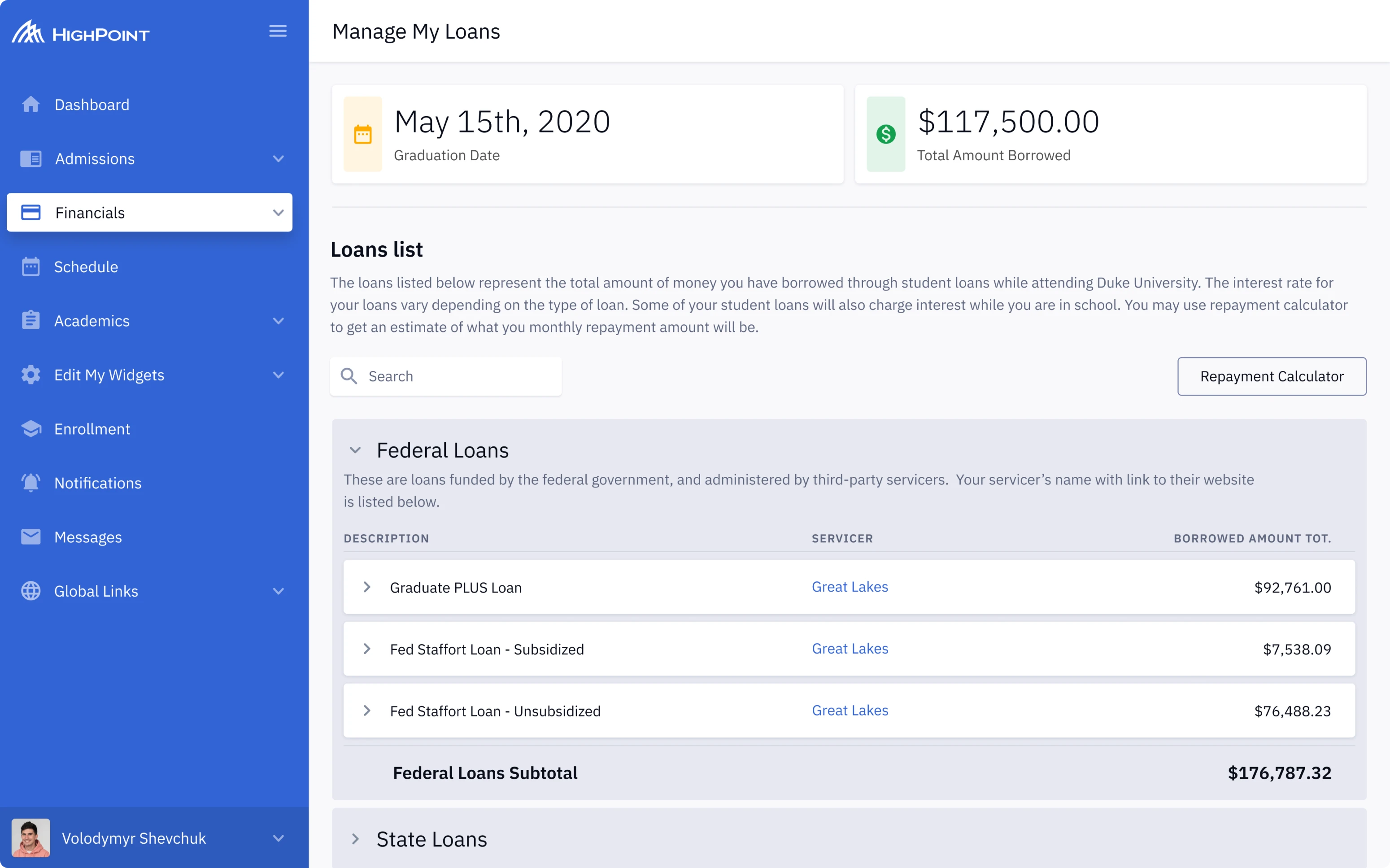 Manage My Loans screen