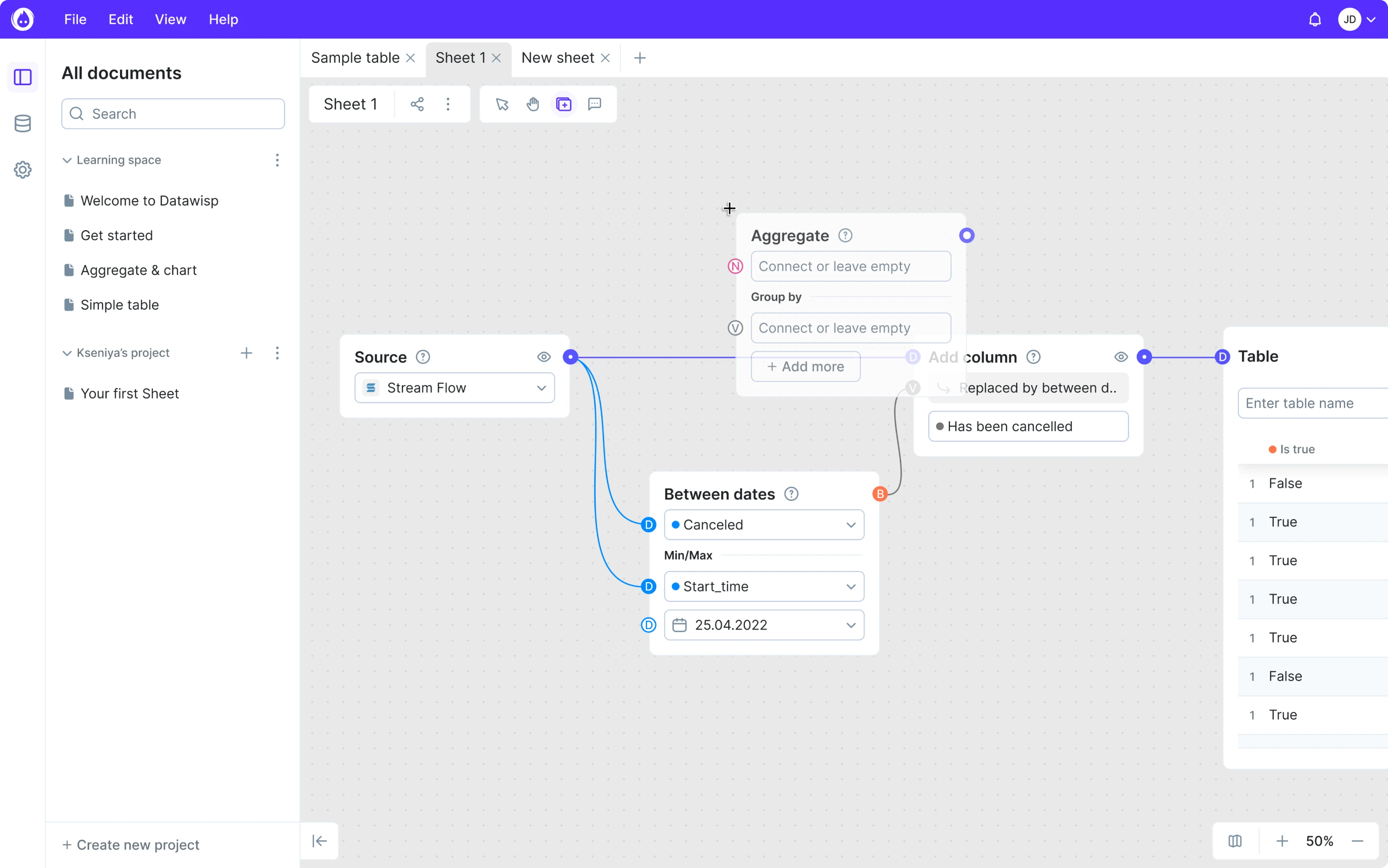 Datawisp's first screen example after redesign