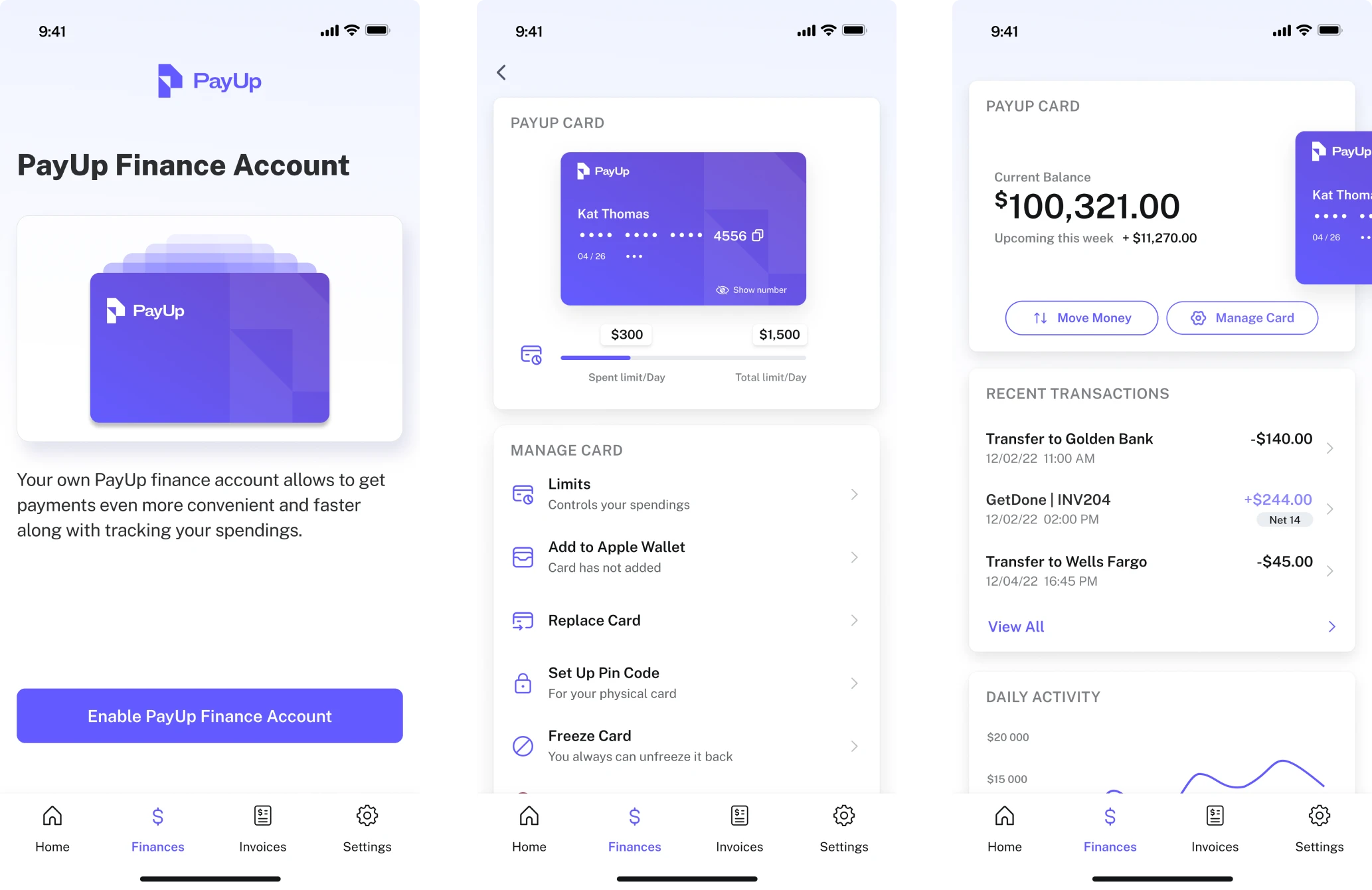 high-fidelity mockups examples for a fintech mobile app 