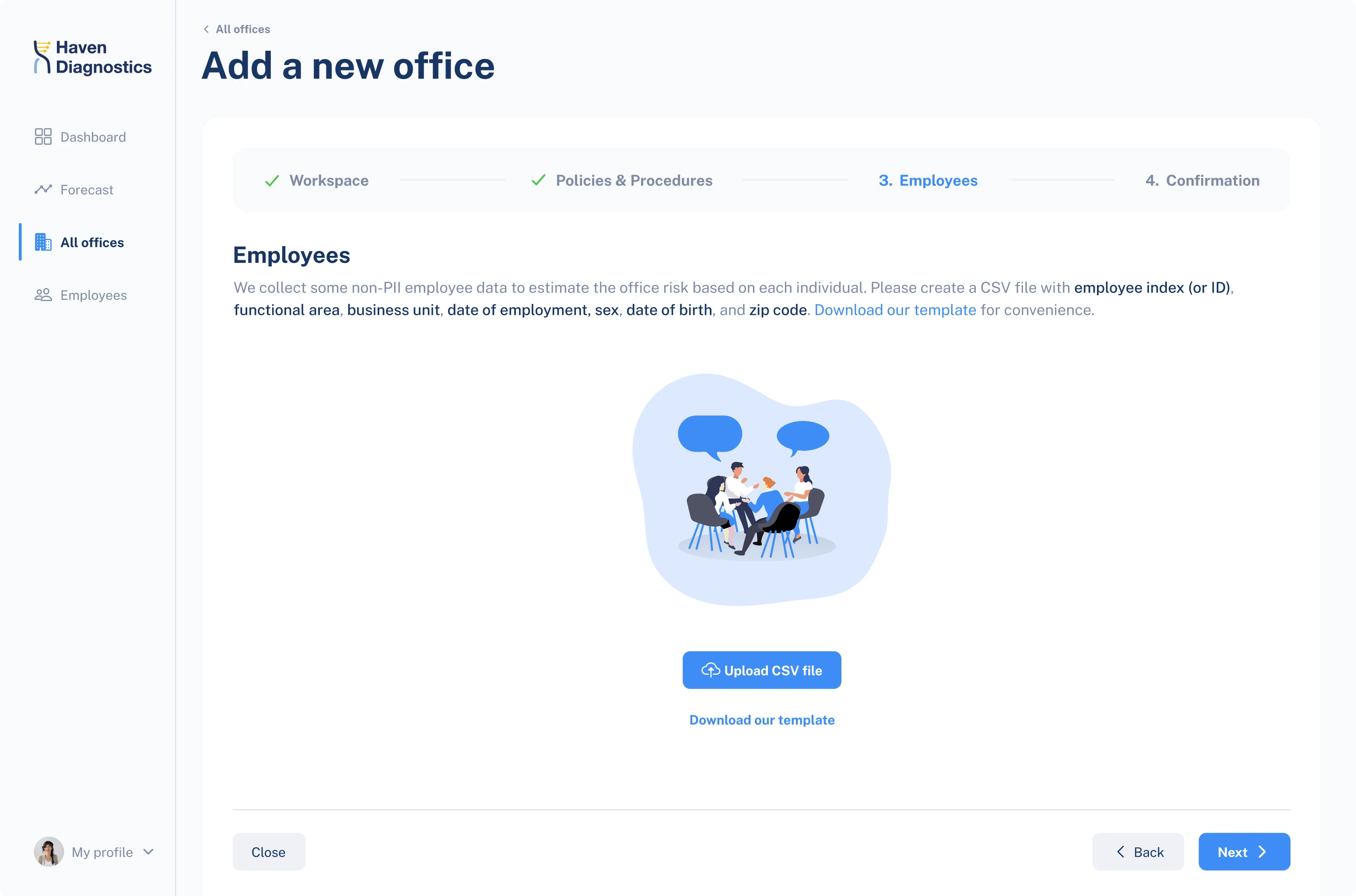 Haven Diagnostics data uploading screen design