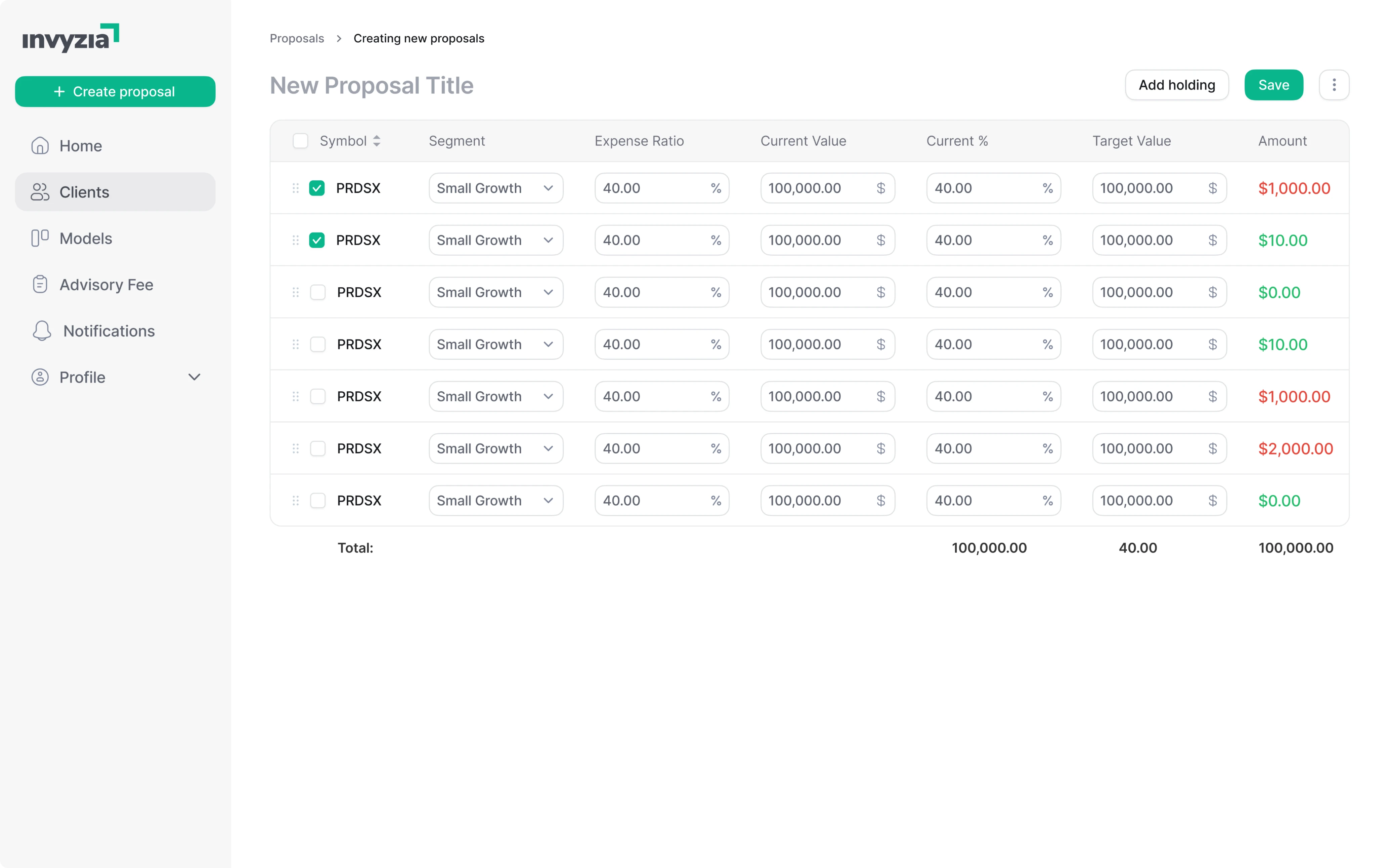 Proposal page with a green theme and rounded angles