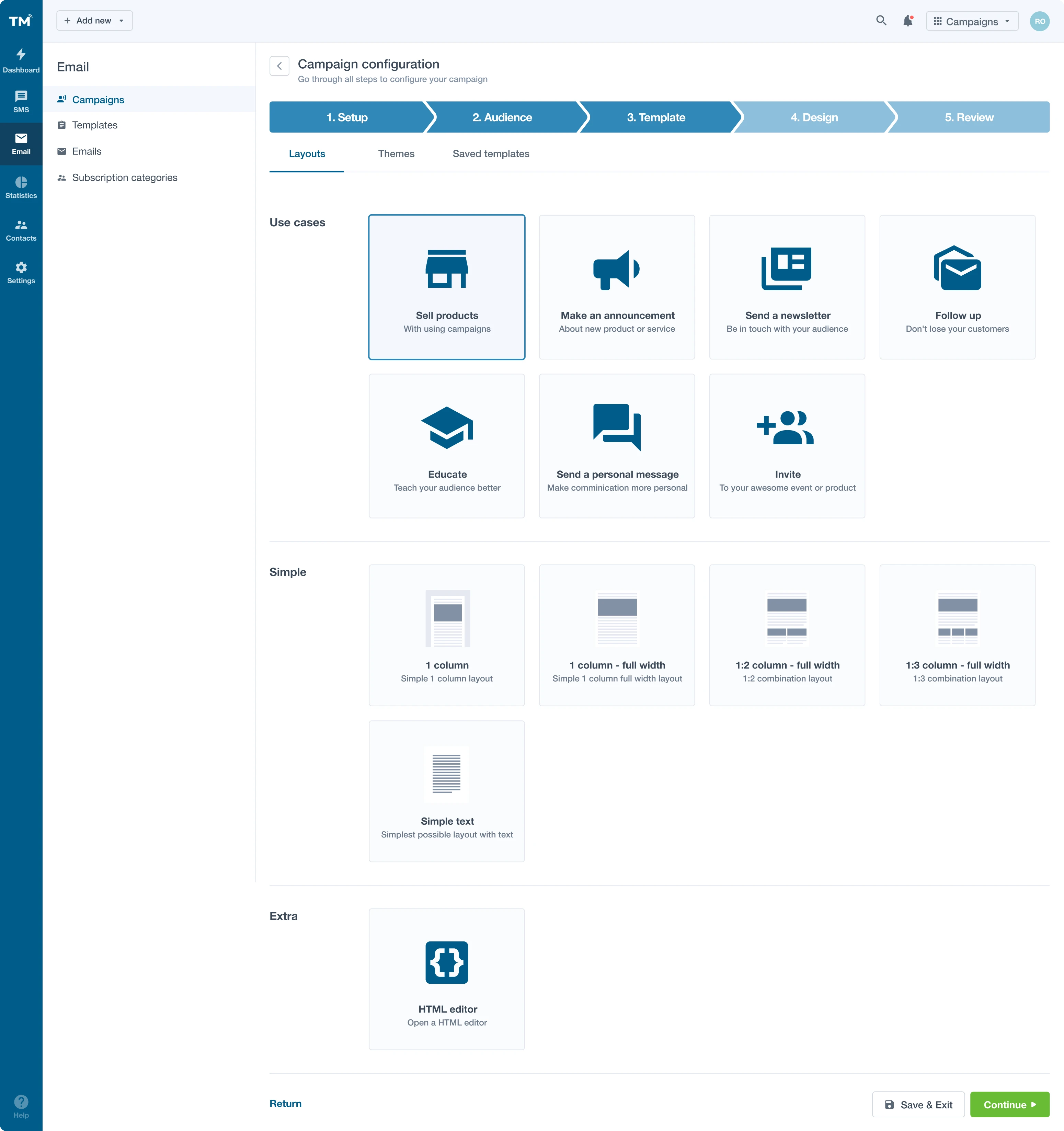 Template section in campaign configuration flow