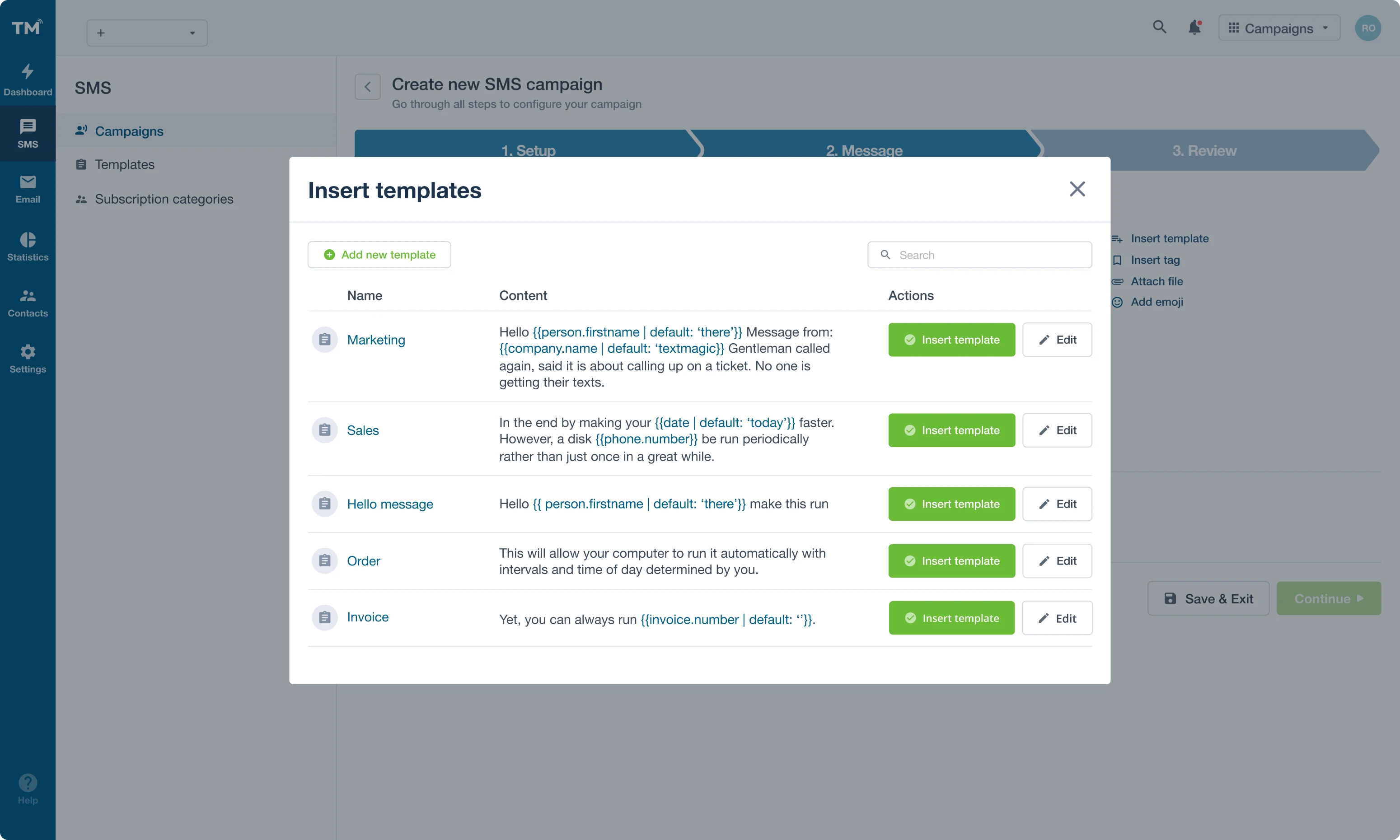 ready-made templates for SMS configuration