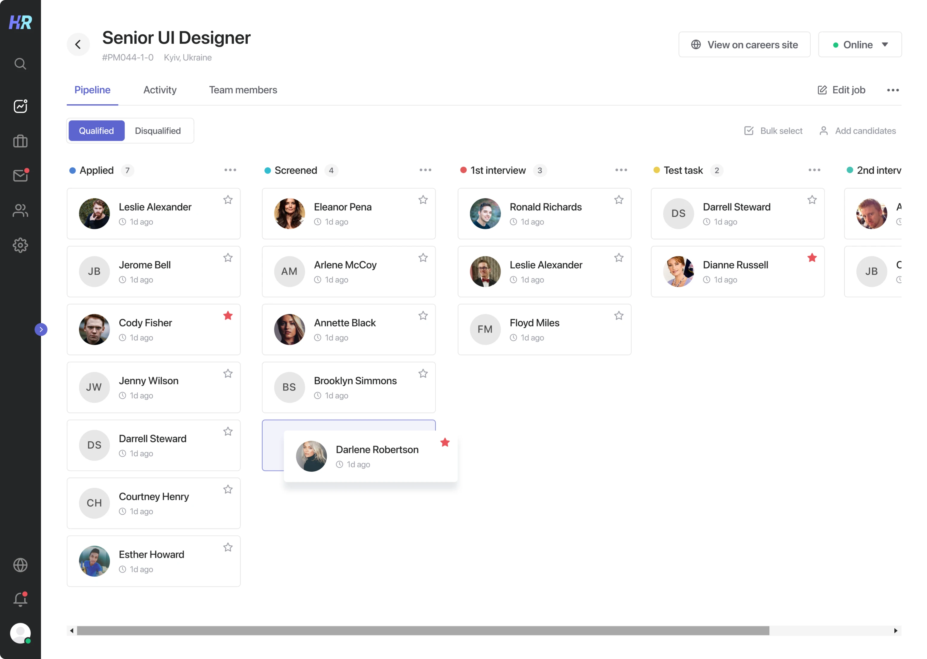Candidates management screen
