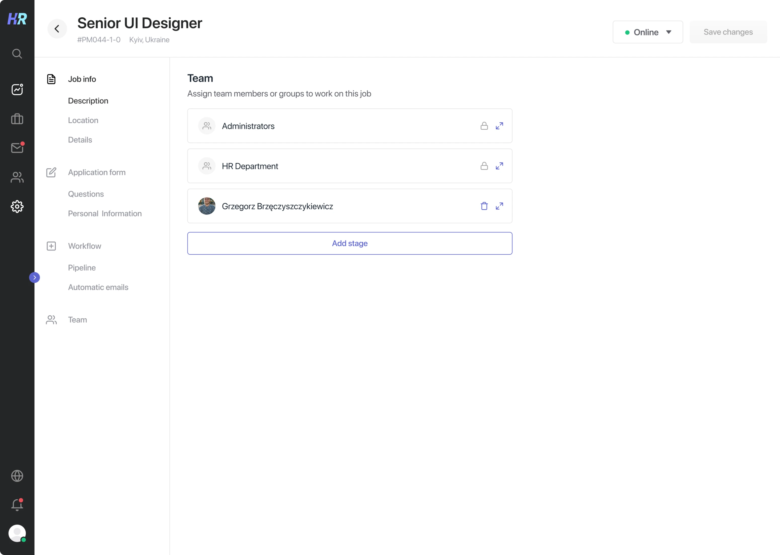 Hiring team interface