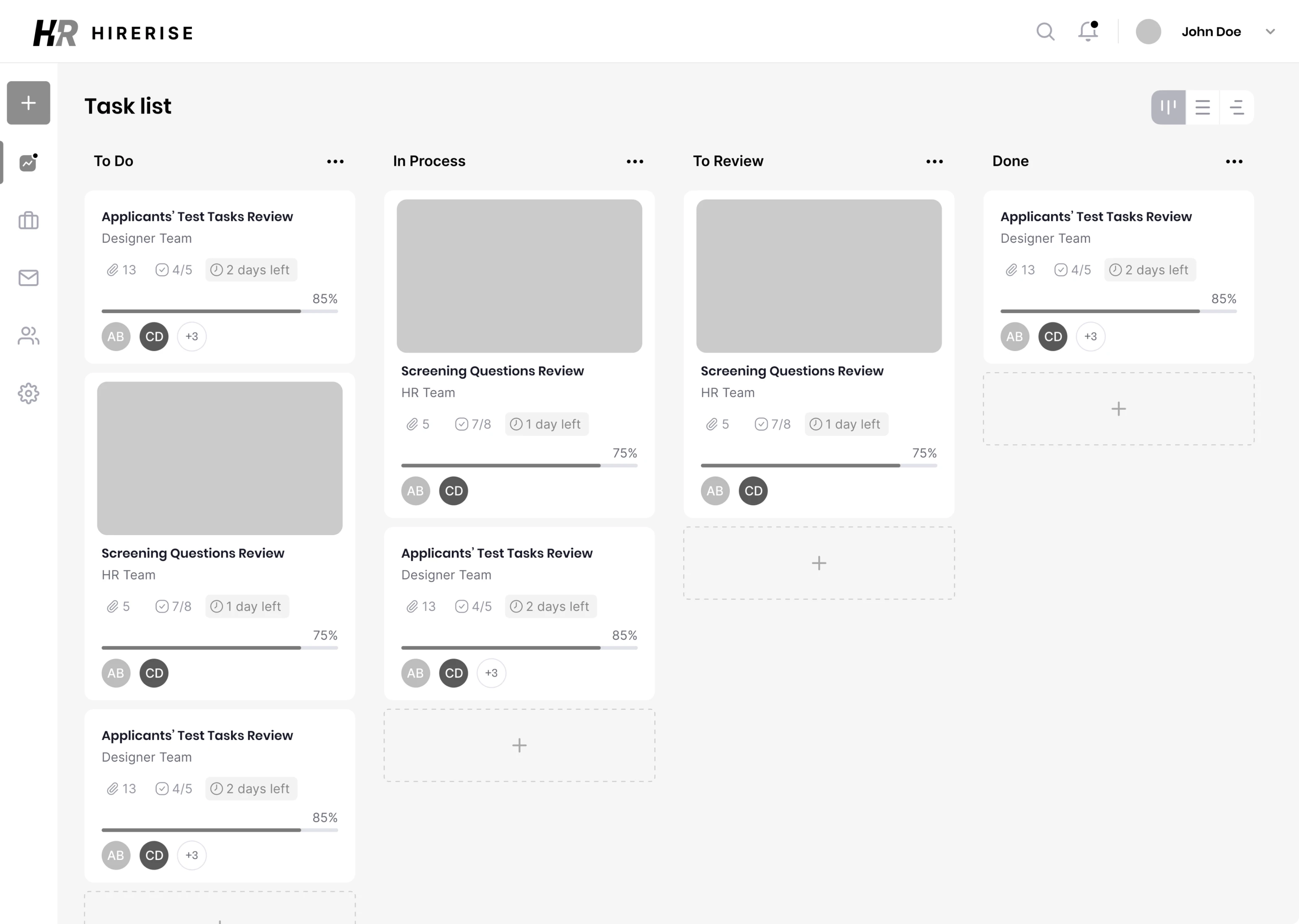 Task list screen wireframes