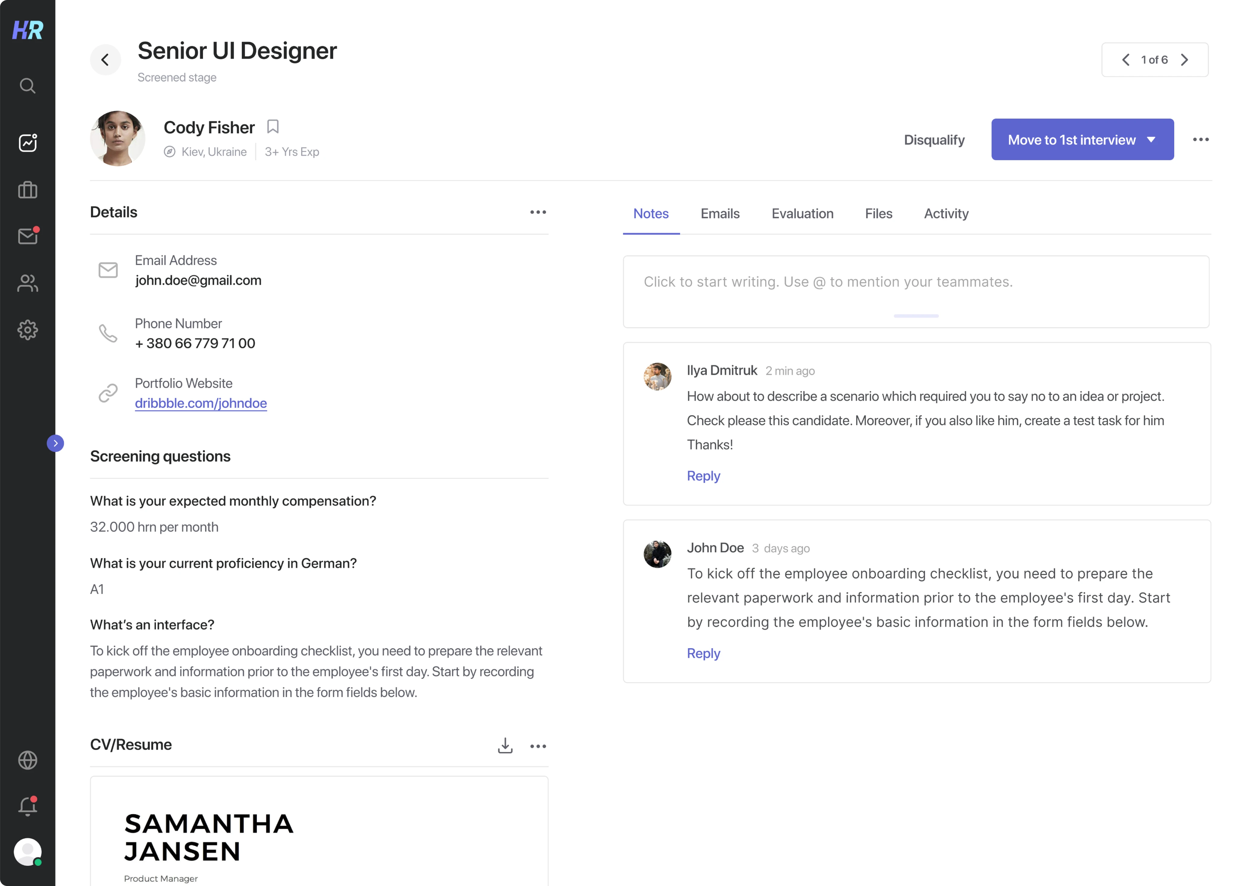 Candidate's info page design