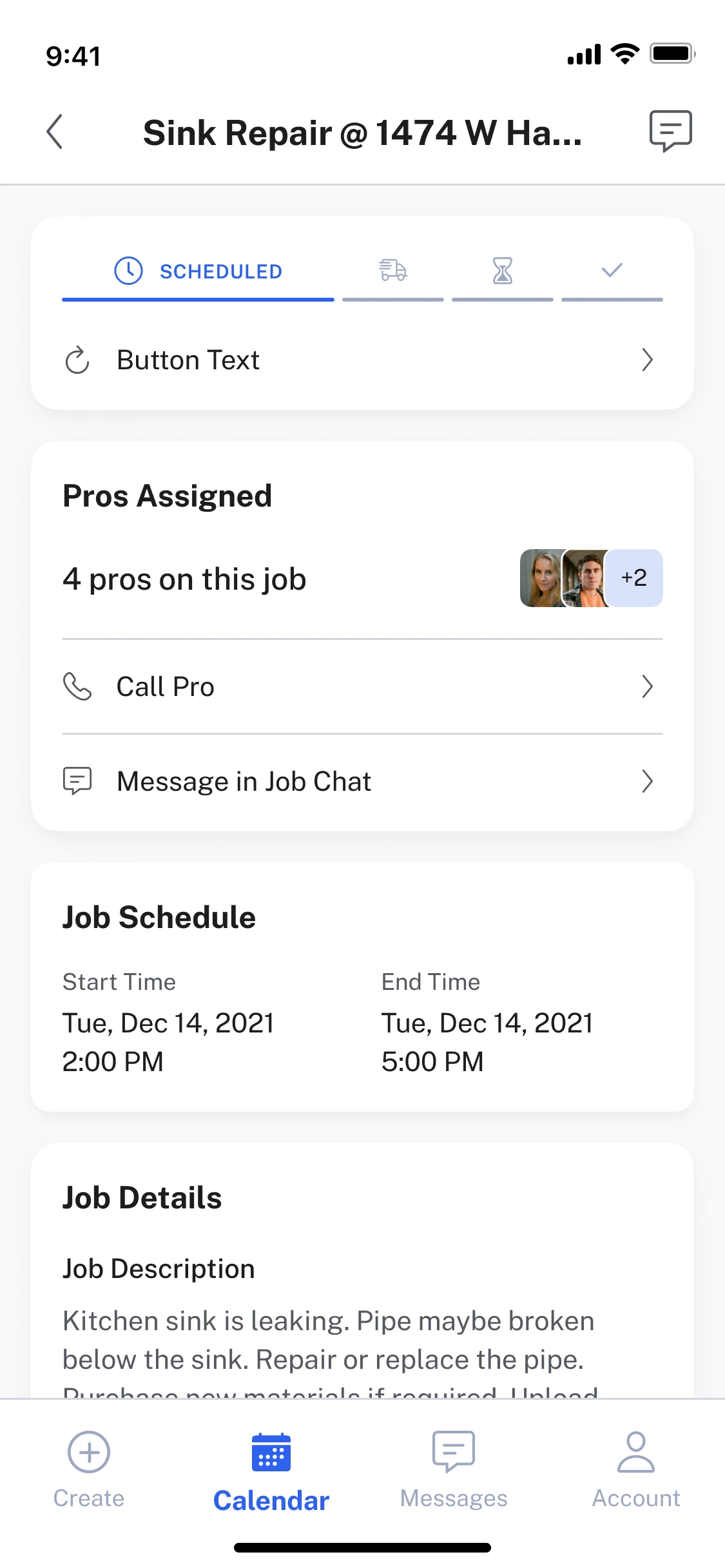 Prime Pro job details screen showing a scheduled sink repair with assigned professionals and job information