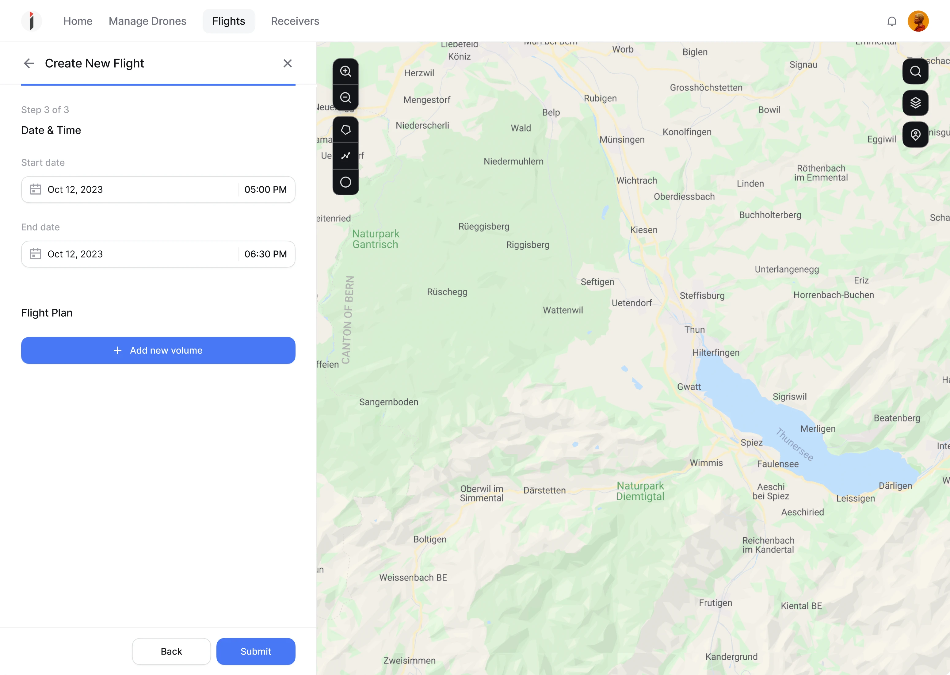 design of step by step flight creating process with a progress bar for a geoservice SaaS software