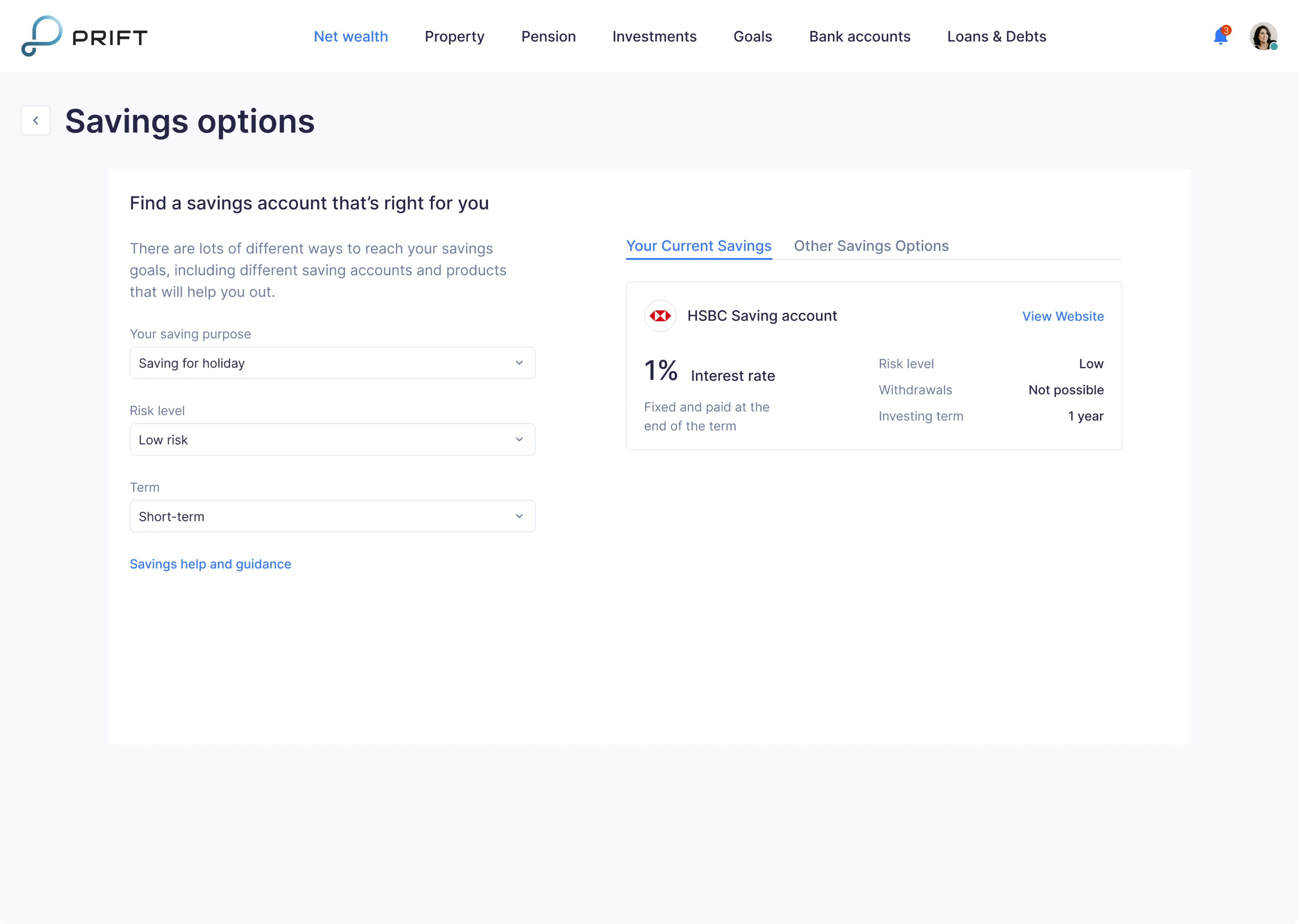 compare savings feature design for a financial app