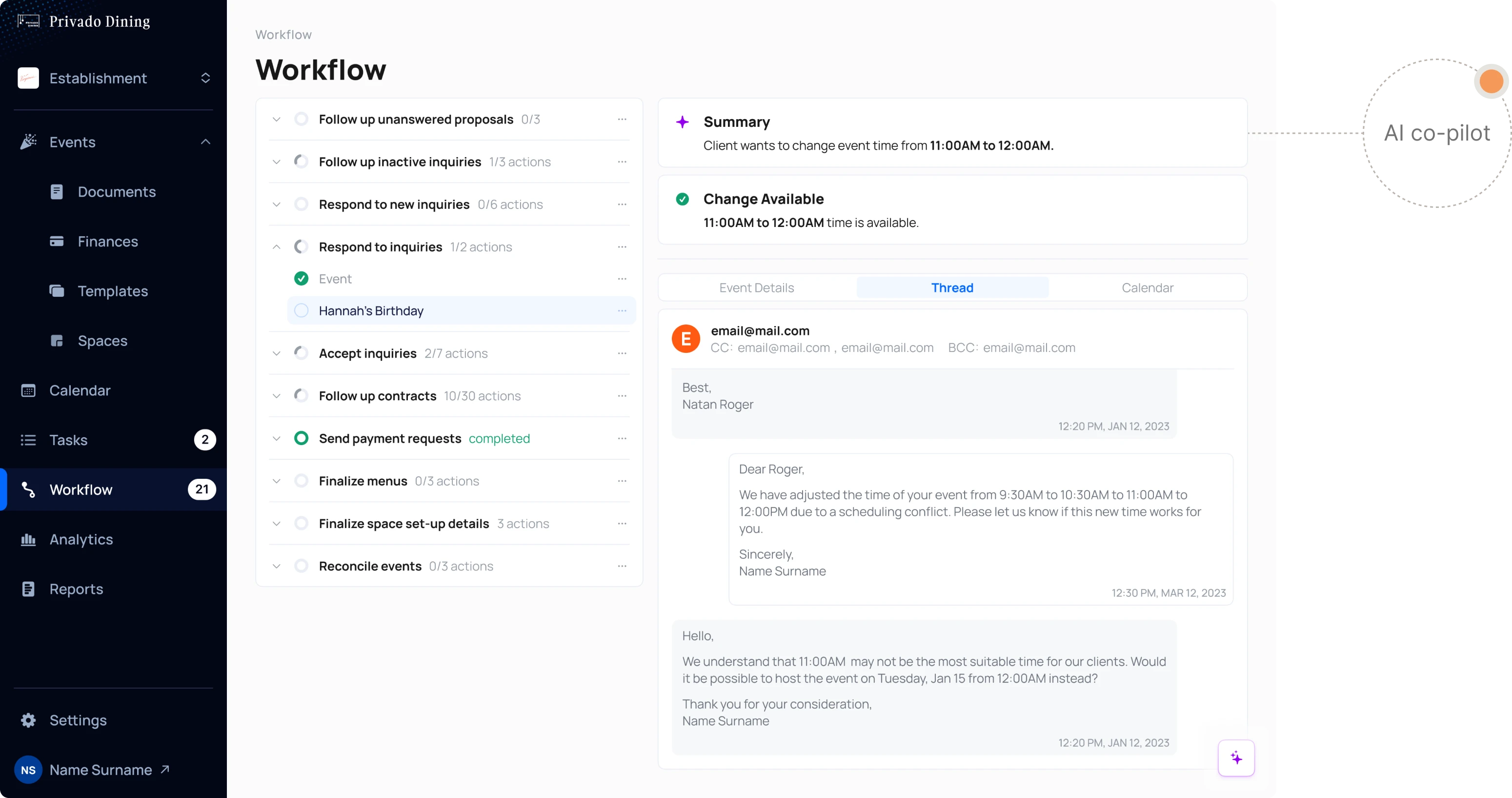 AI co-pilot UI/UX design example for event management platform
