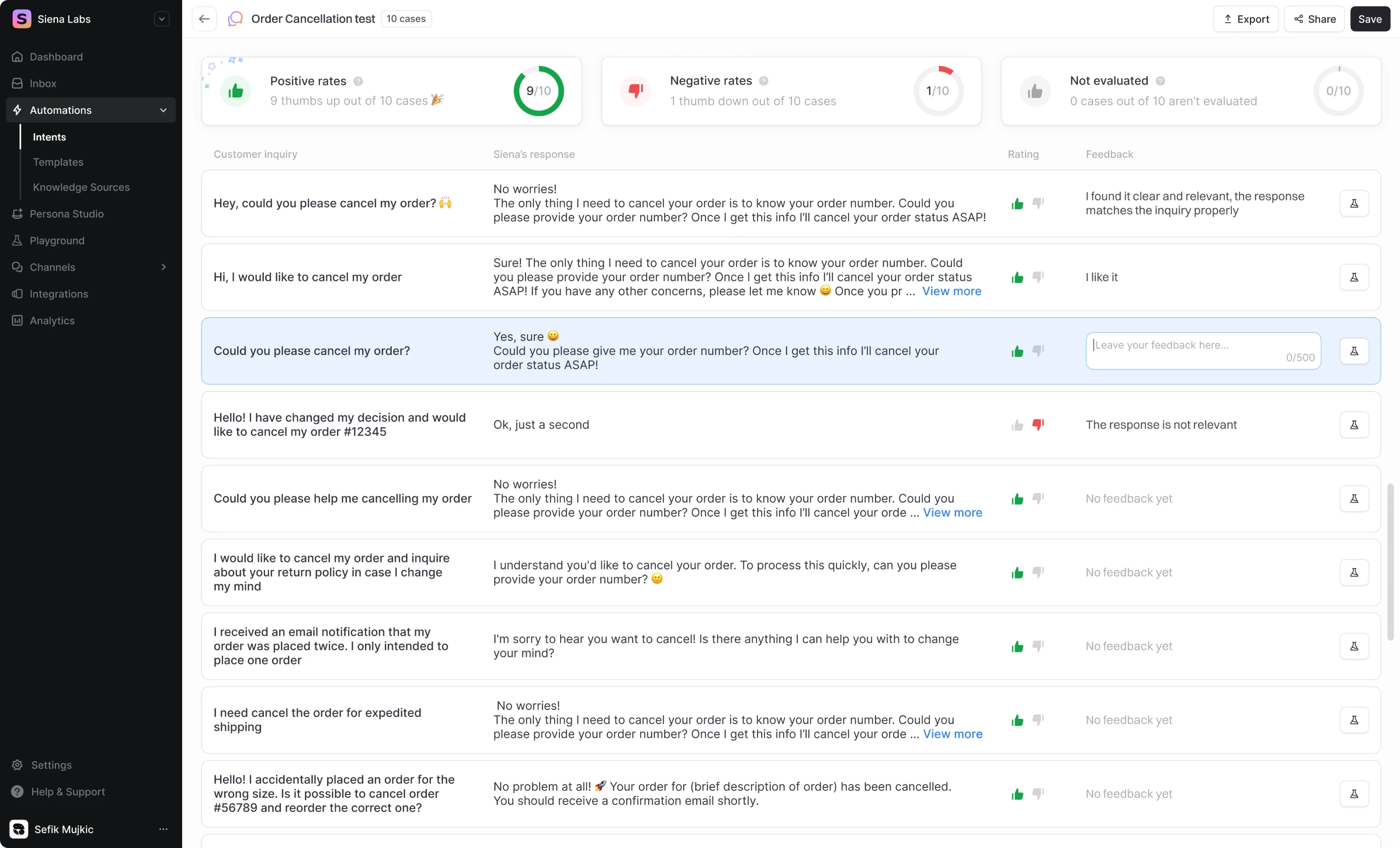 List of generated responses in Siena Labs