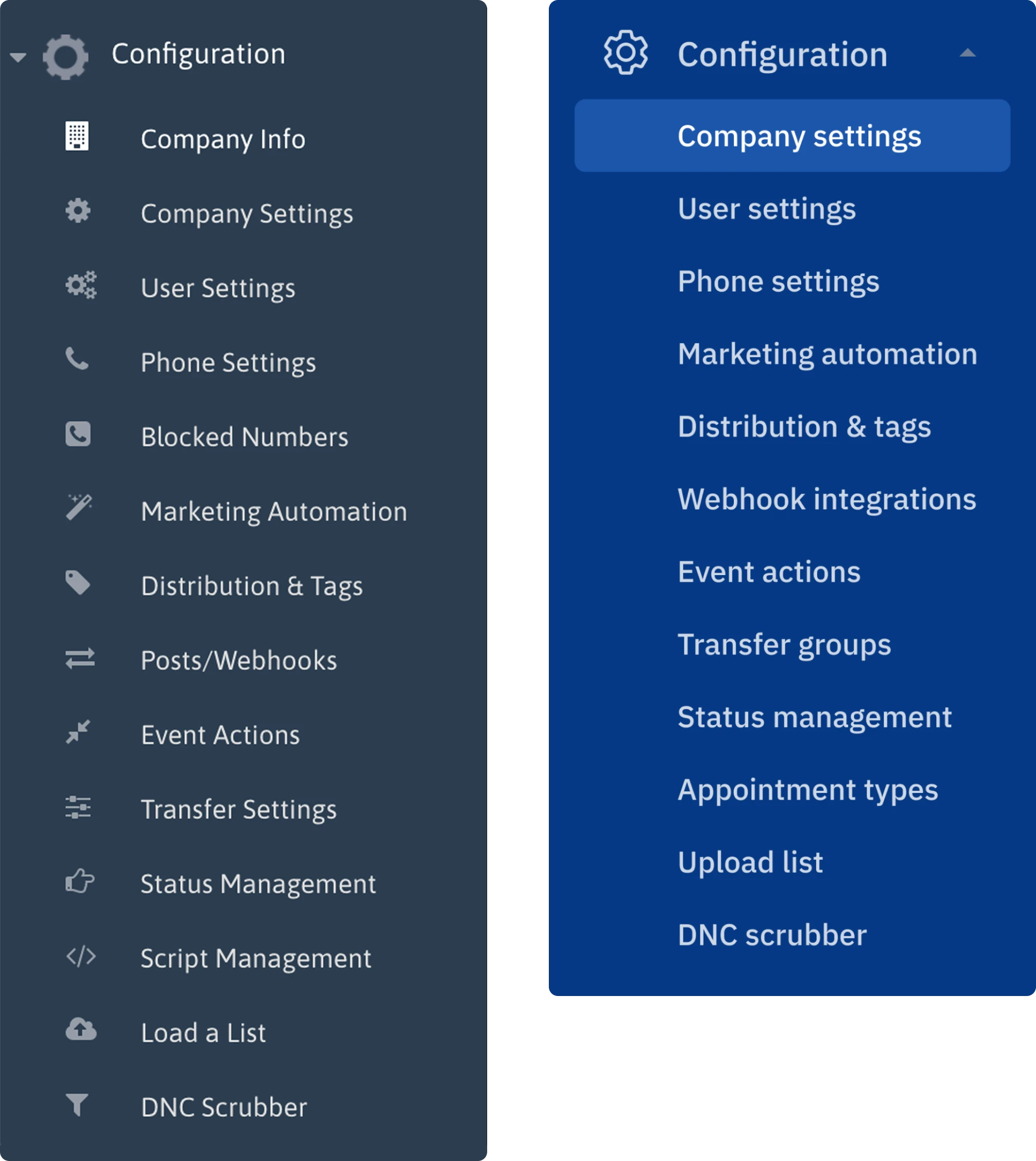 Before and after menu configuration design