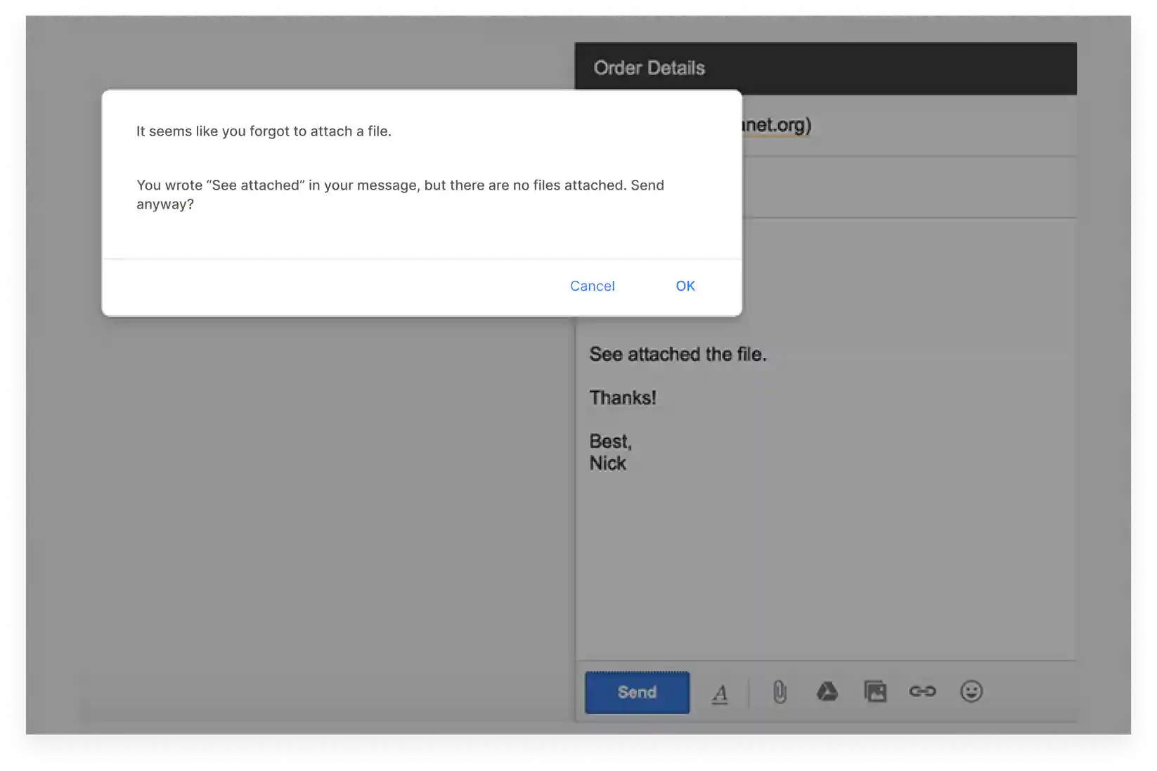 Gmail preventive message warning that a user seems to forgot to attach a file