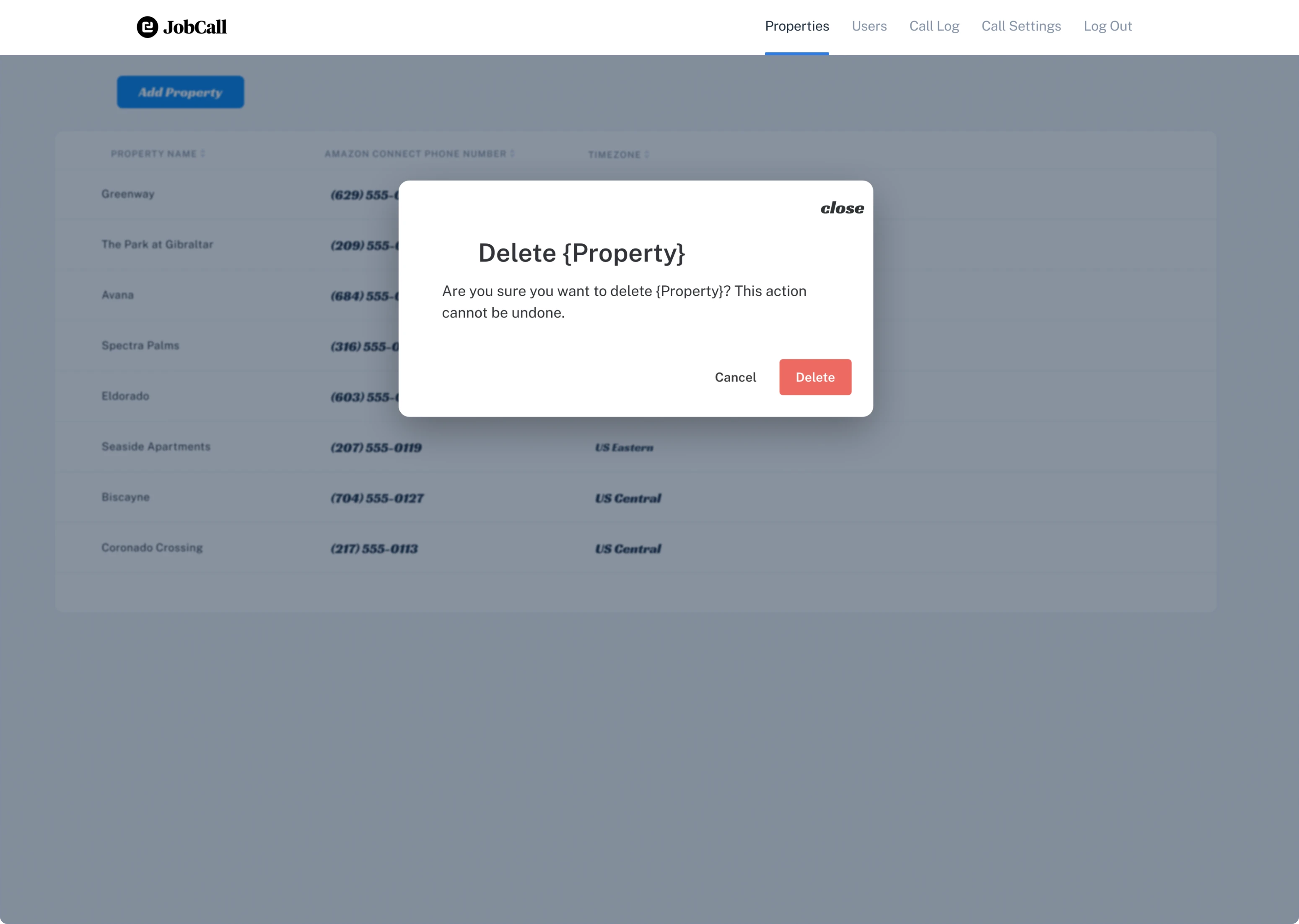 Bad UI example for a delete property modal window example 