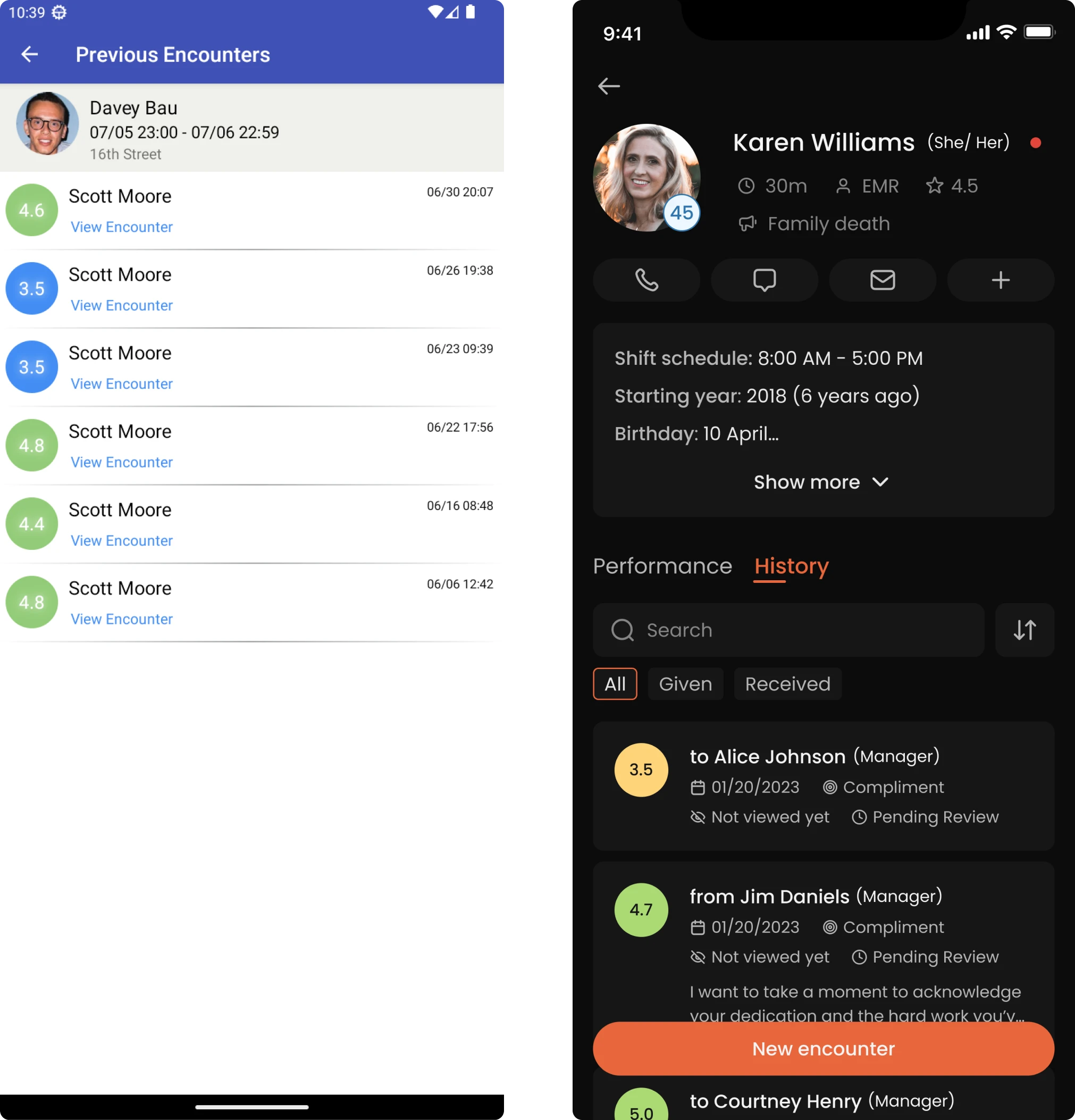 Employee history screen before/after