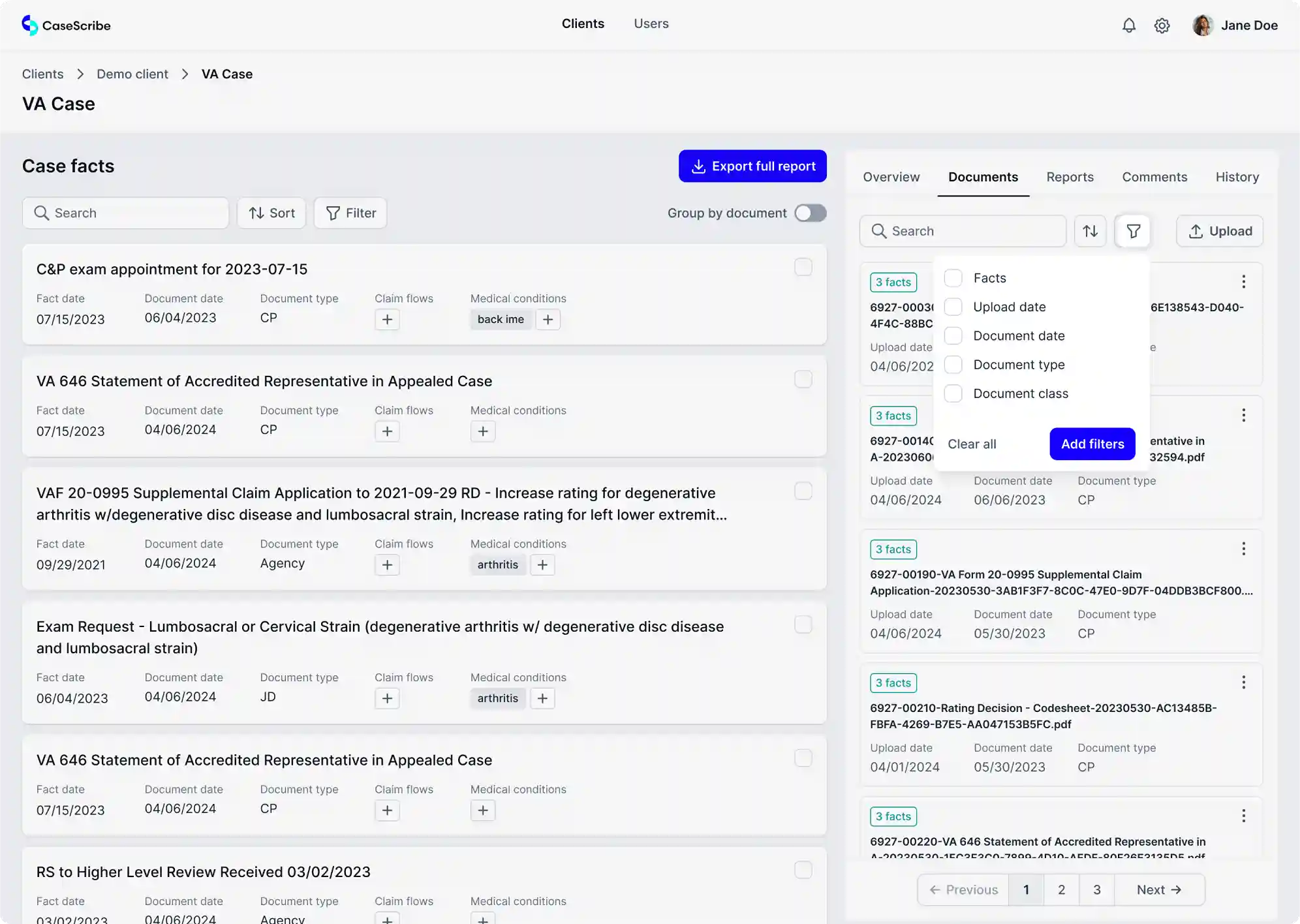 Sorting options CaseScribe