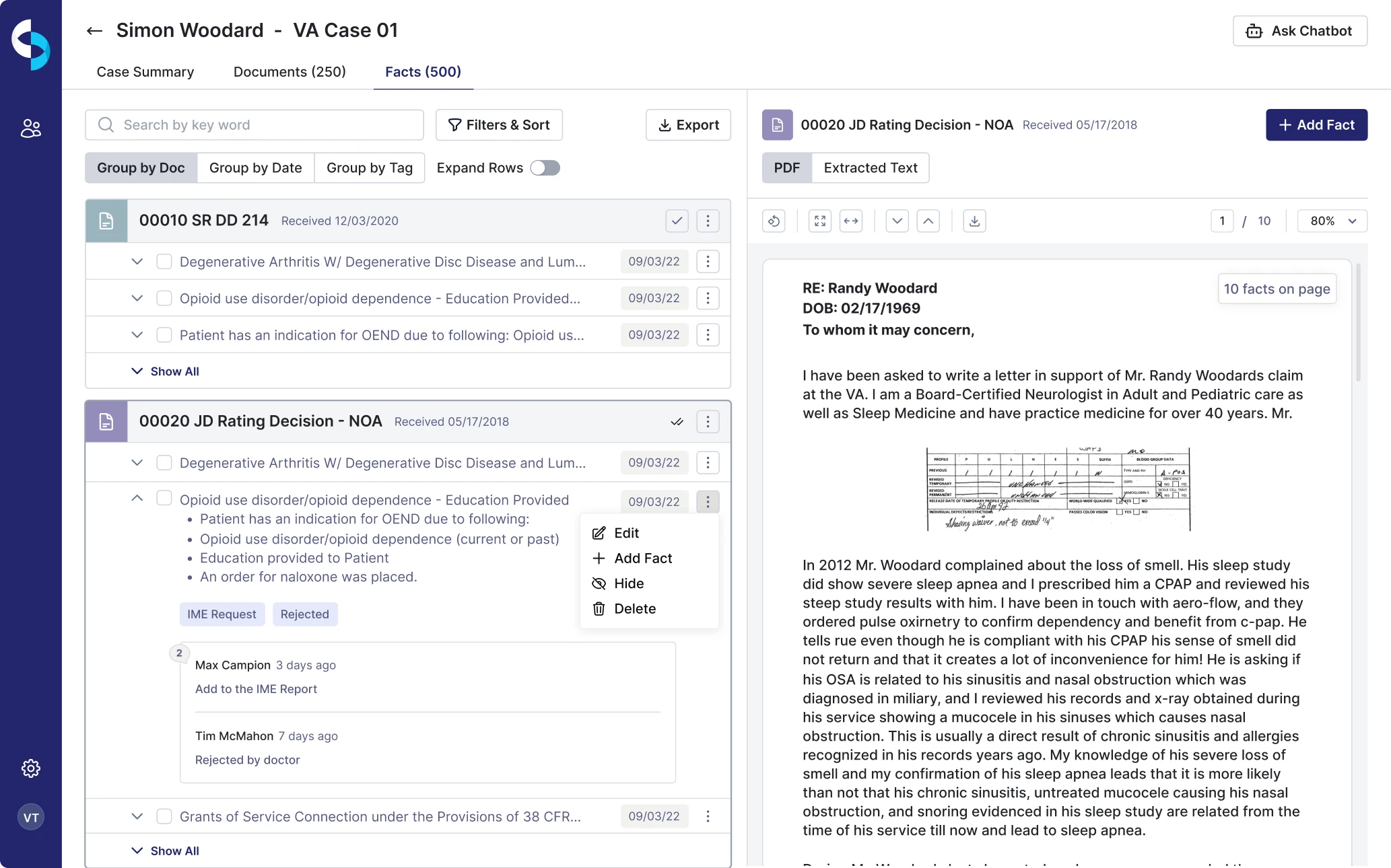 AI-extracted facts in CaseScribe