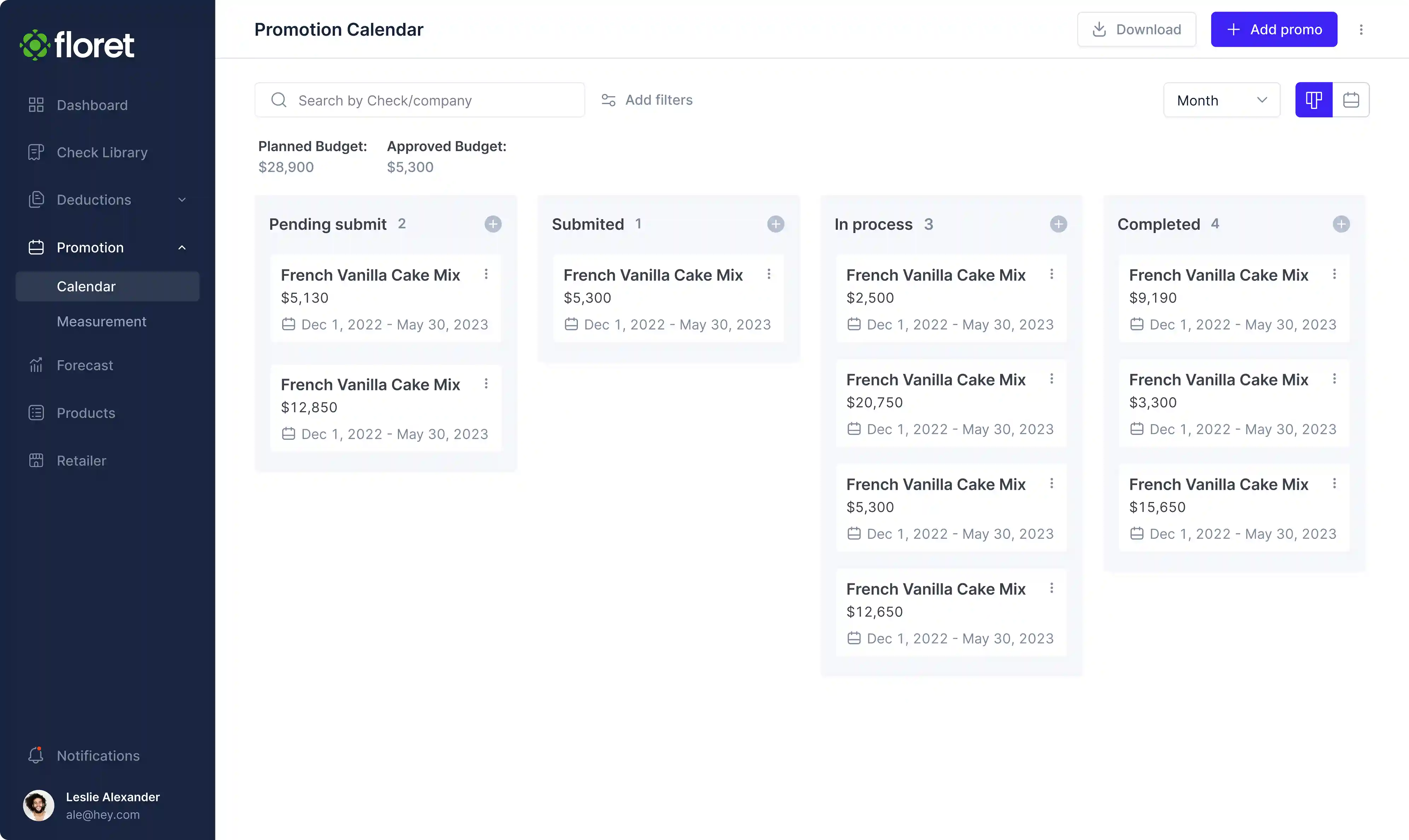 Promotion calendar: kanban view