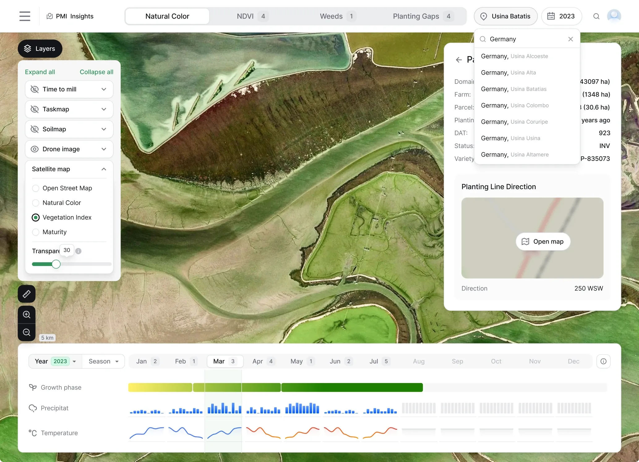 Layers to show data Gamaya