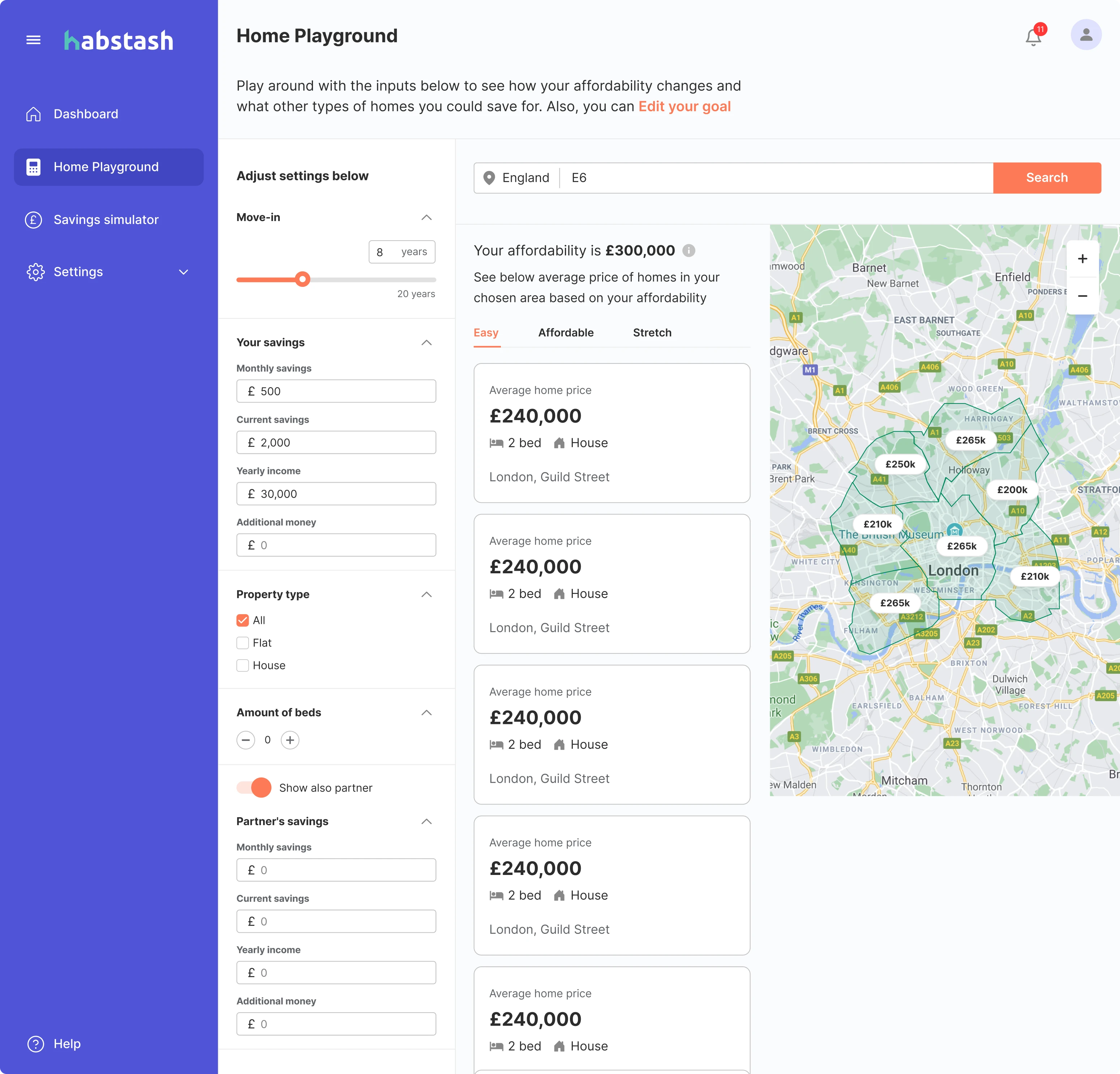 saving calculator design with interactive map for buying property UI and UX