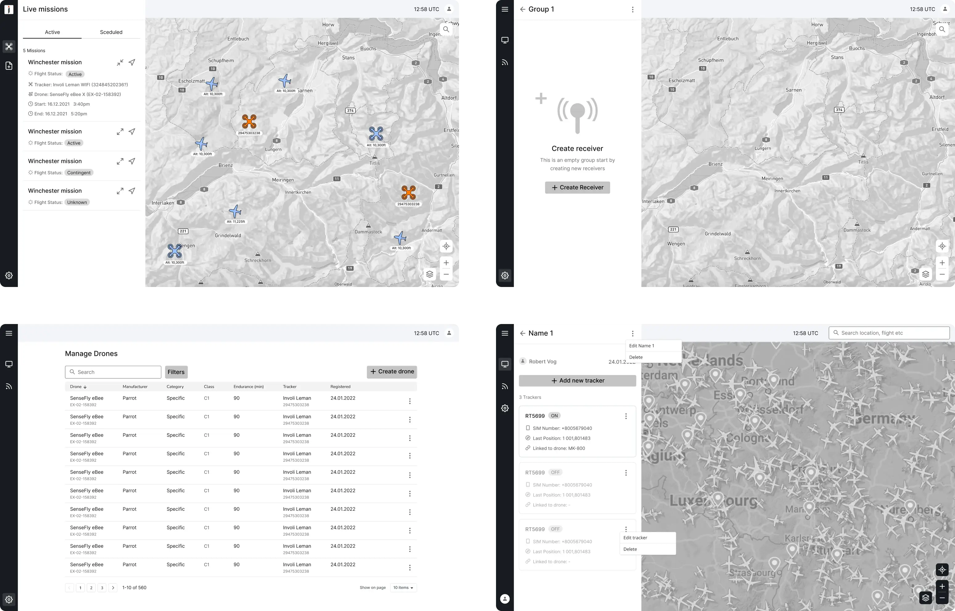 wireframes of map visualisation for a drone management software