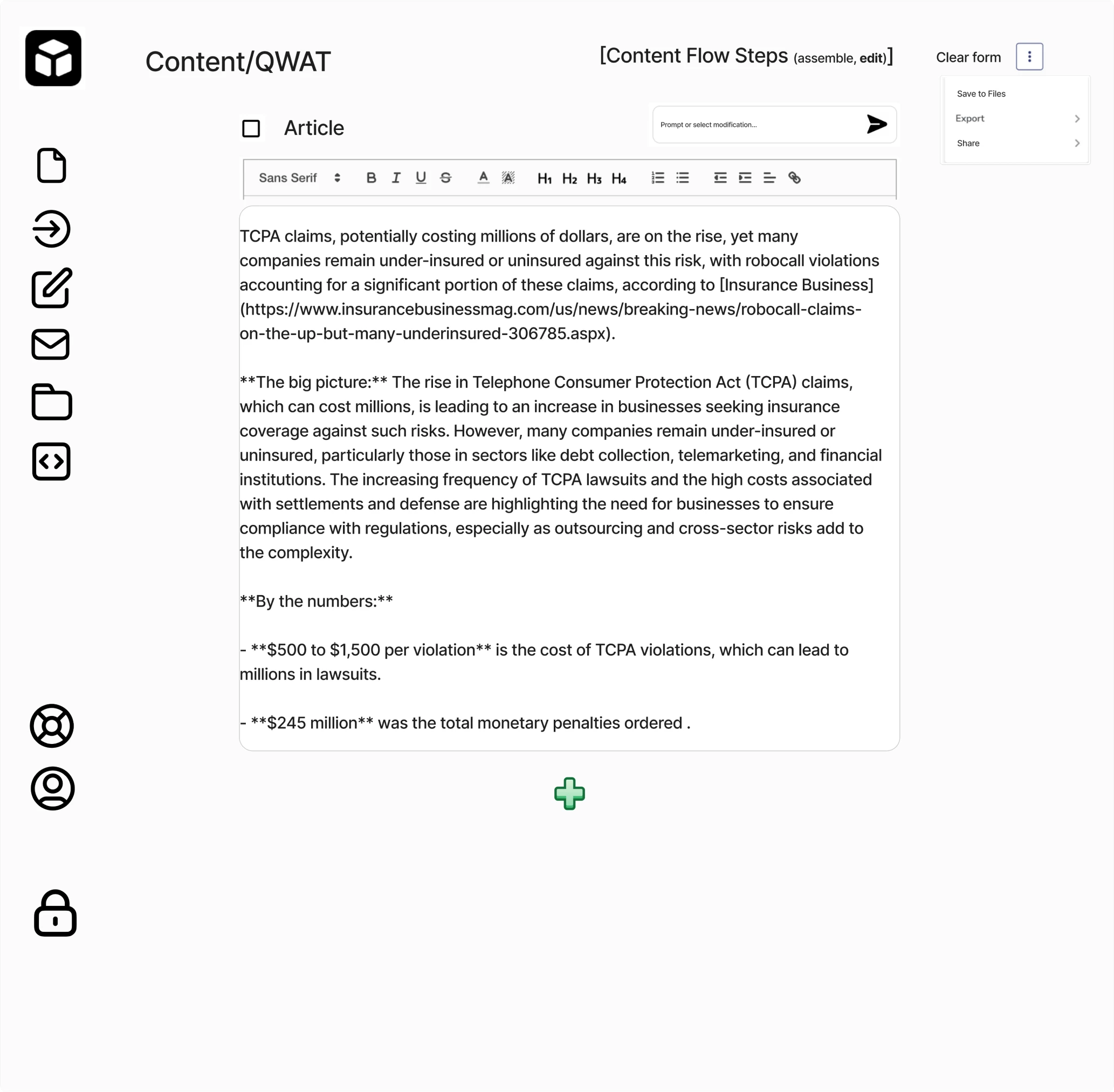 Modia's content editing before