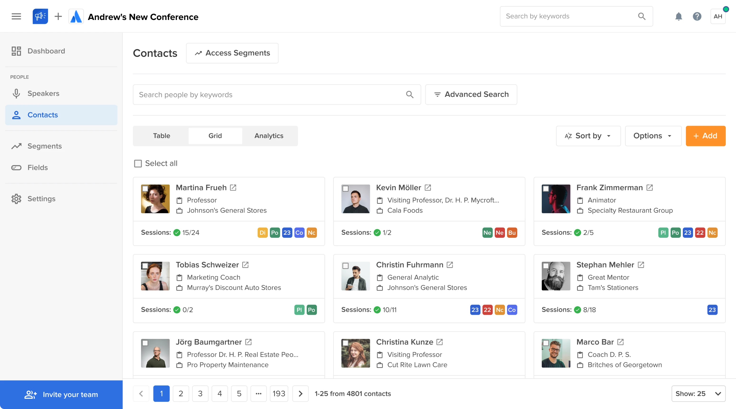 Contacts page redesign for event management SaaS