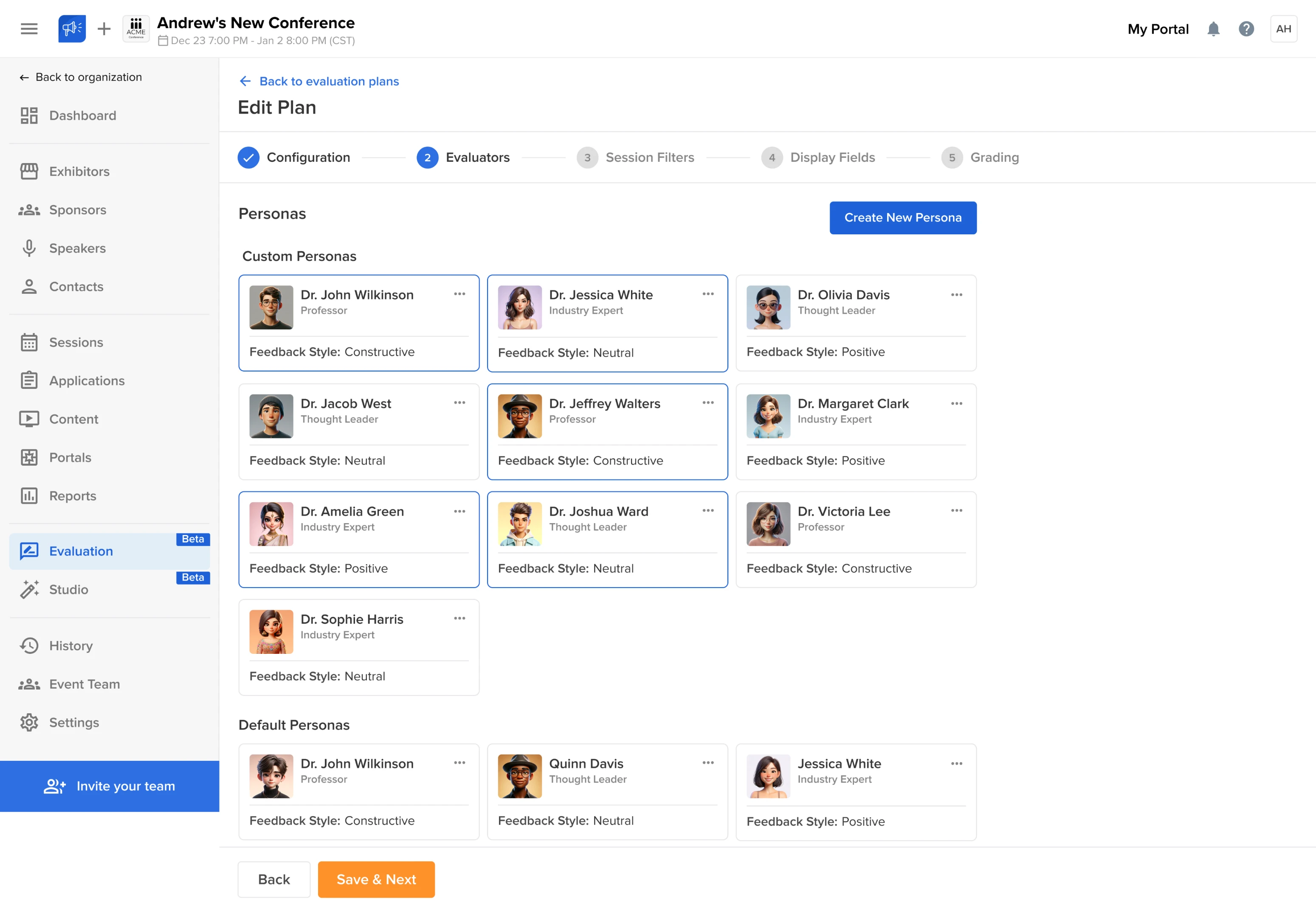 Evaluation AI personas for event management SaaS