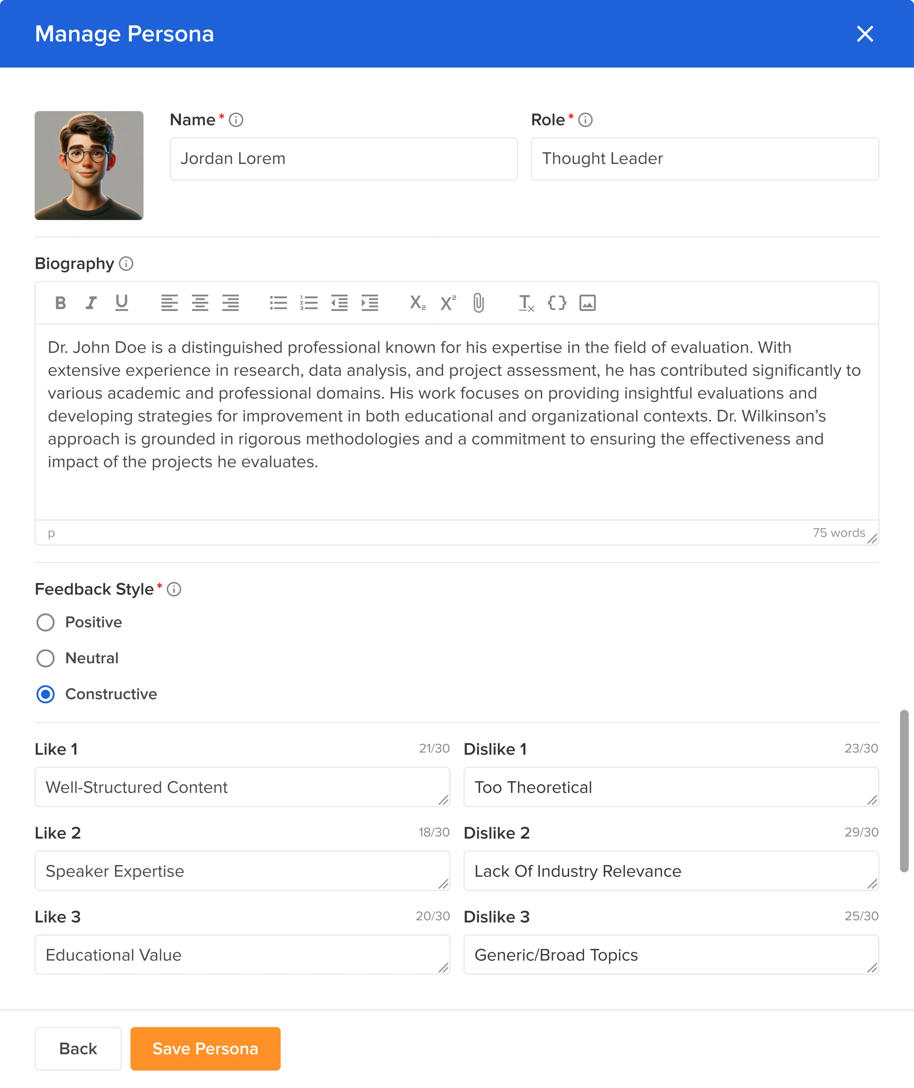 Evaluation AI persona management in SaaS