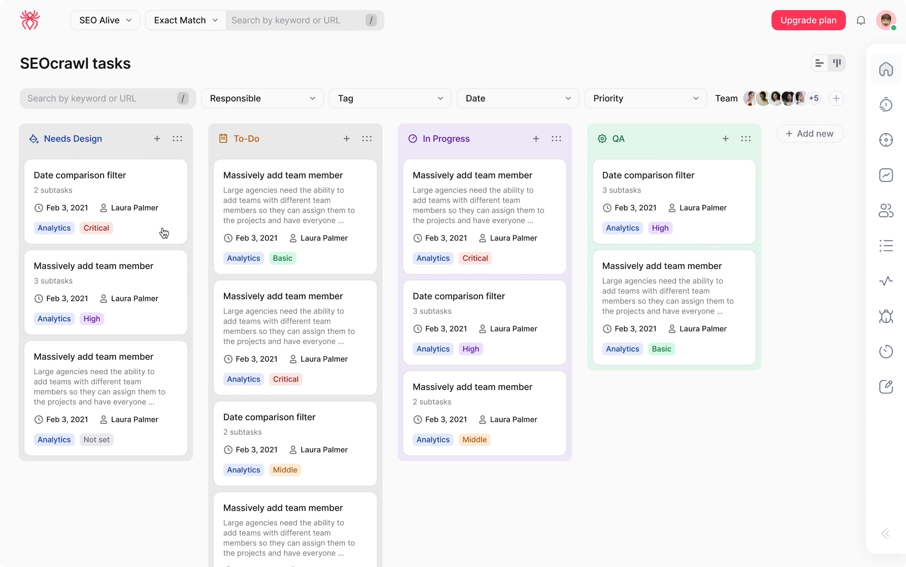 UI/UX design example of a kanban board for task management in SaaS SEO tool