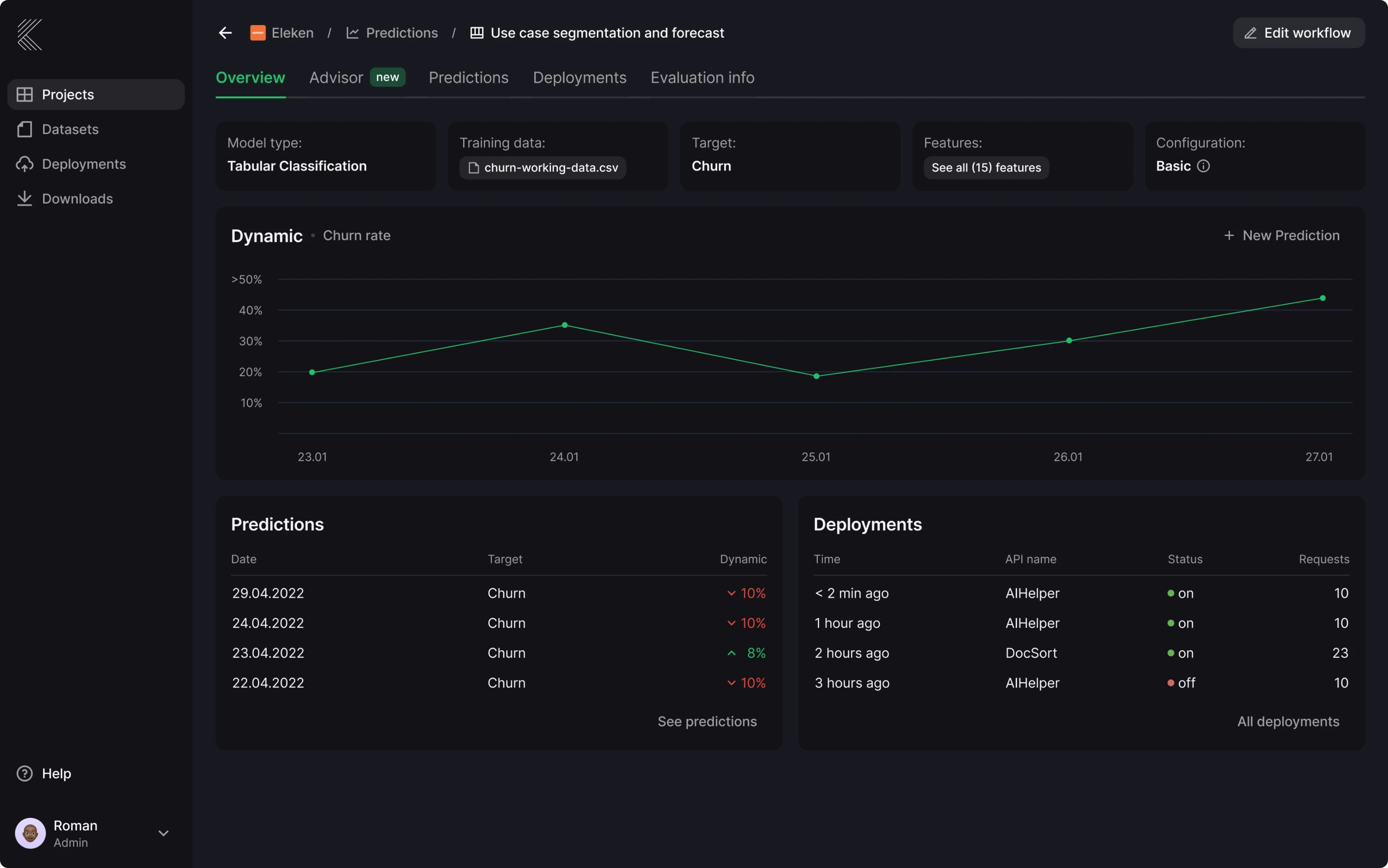 dark UI dashboard example for a data SaaS tool