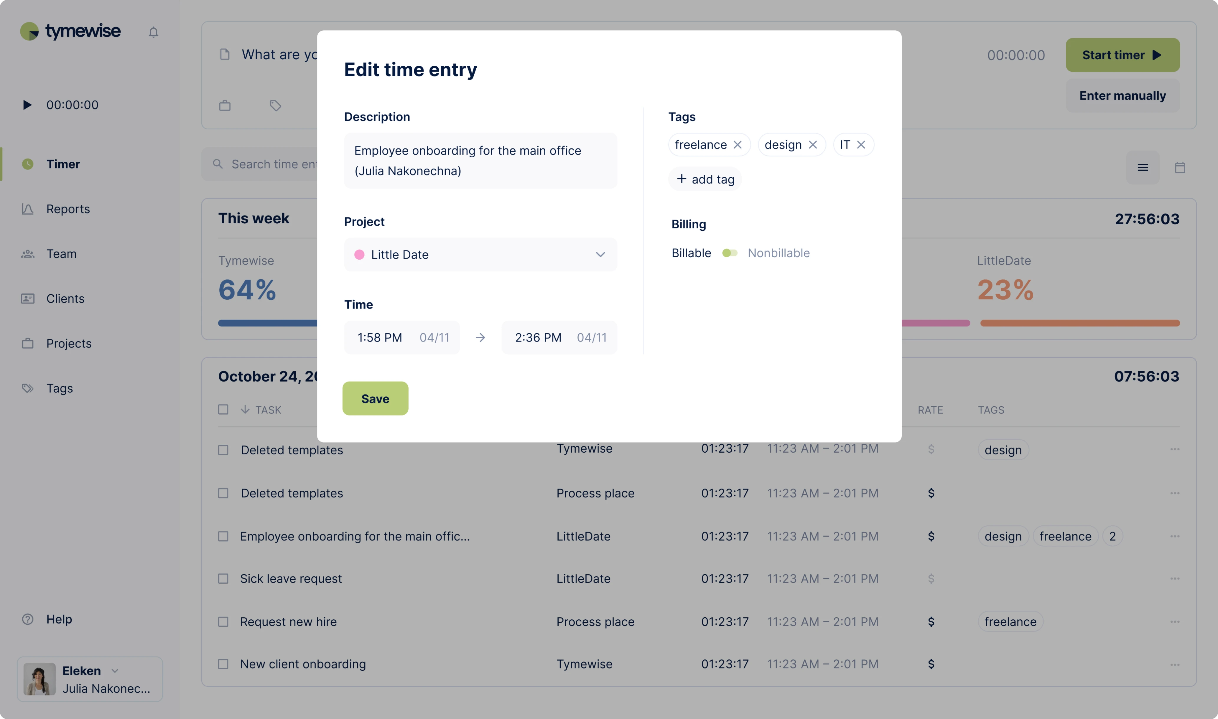 Edit time entry modal