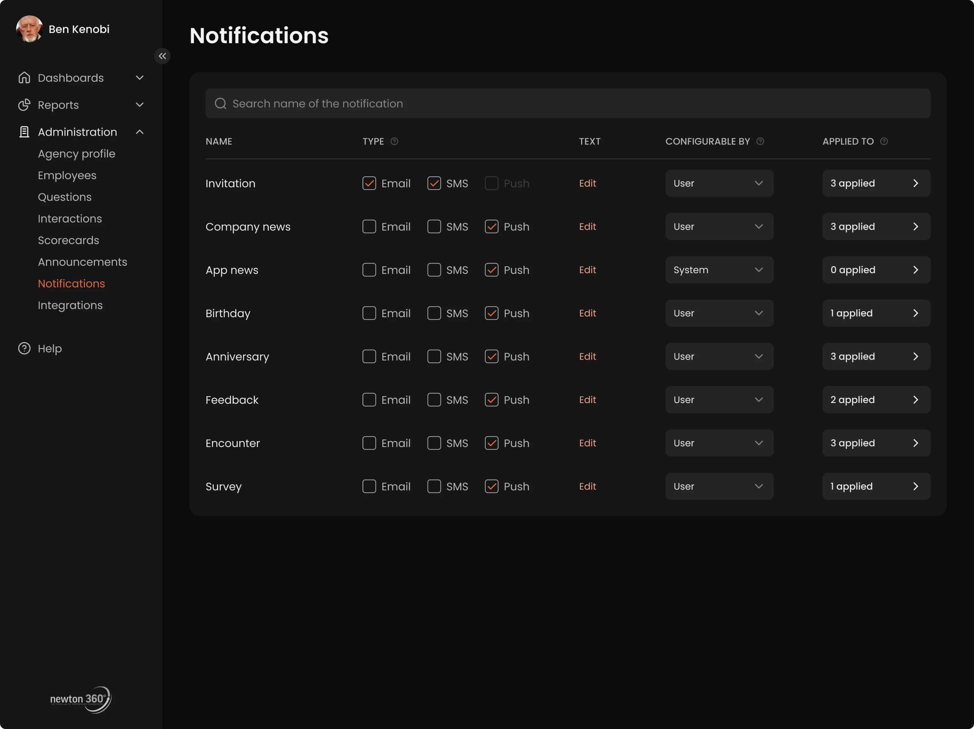 Newton 360 notifications controls